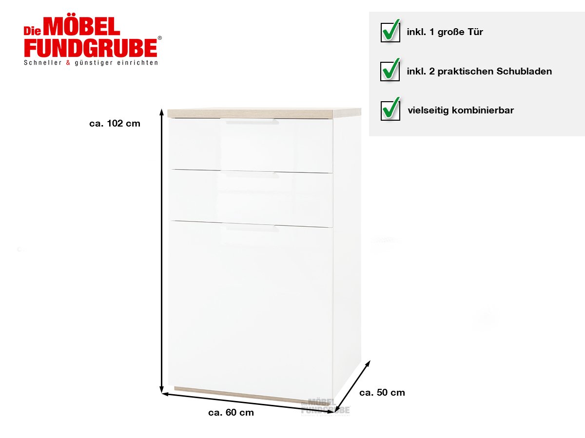 Kommode weiß - Riviera Eiche 60 cm - MUNDI