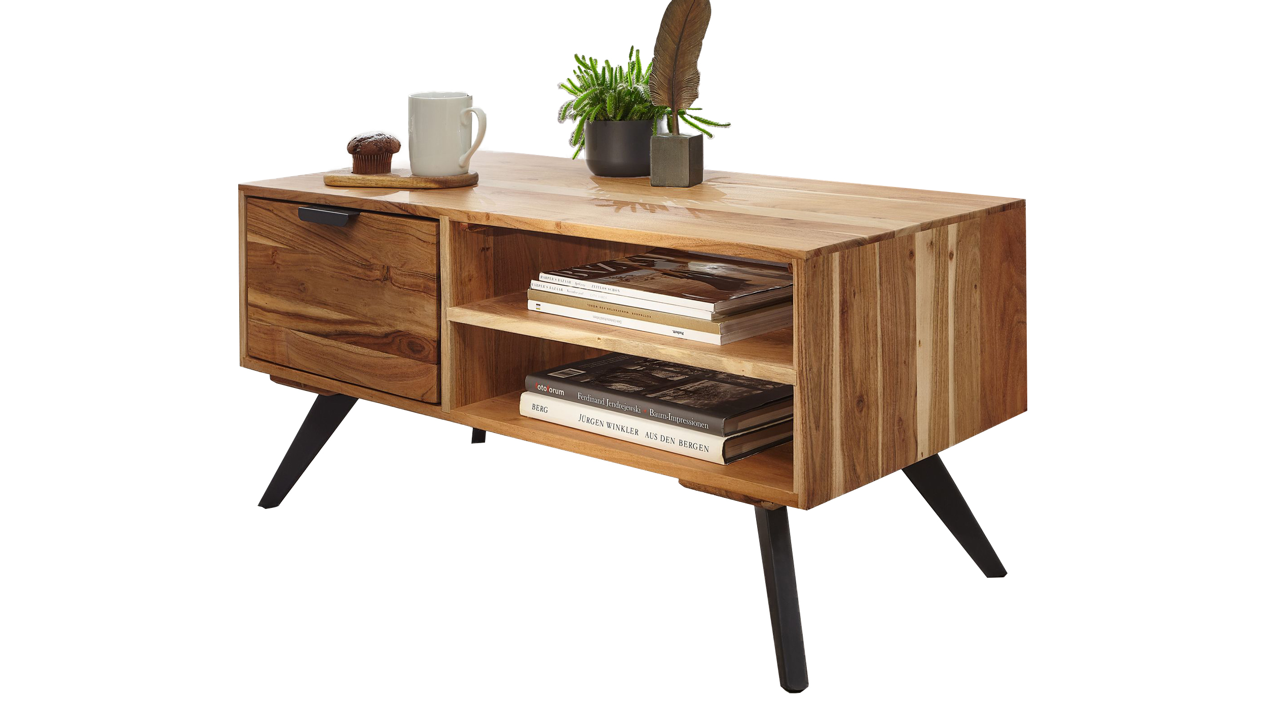 Couchtisch mit Schublade Akazie massiv lackiert 95 x 45 cm - CAYA Couchtisch mit Schublade Akazie massiv lackiert 95 x 45 cm - CAYA