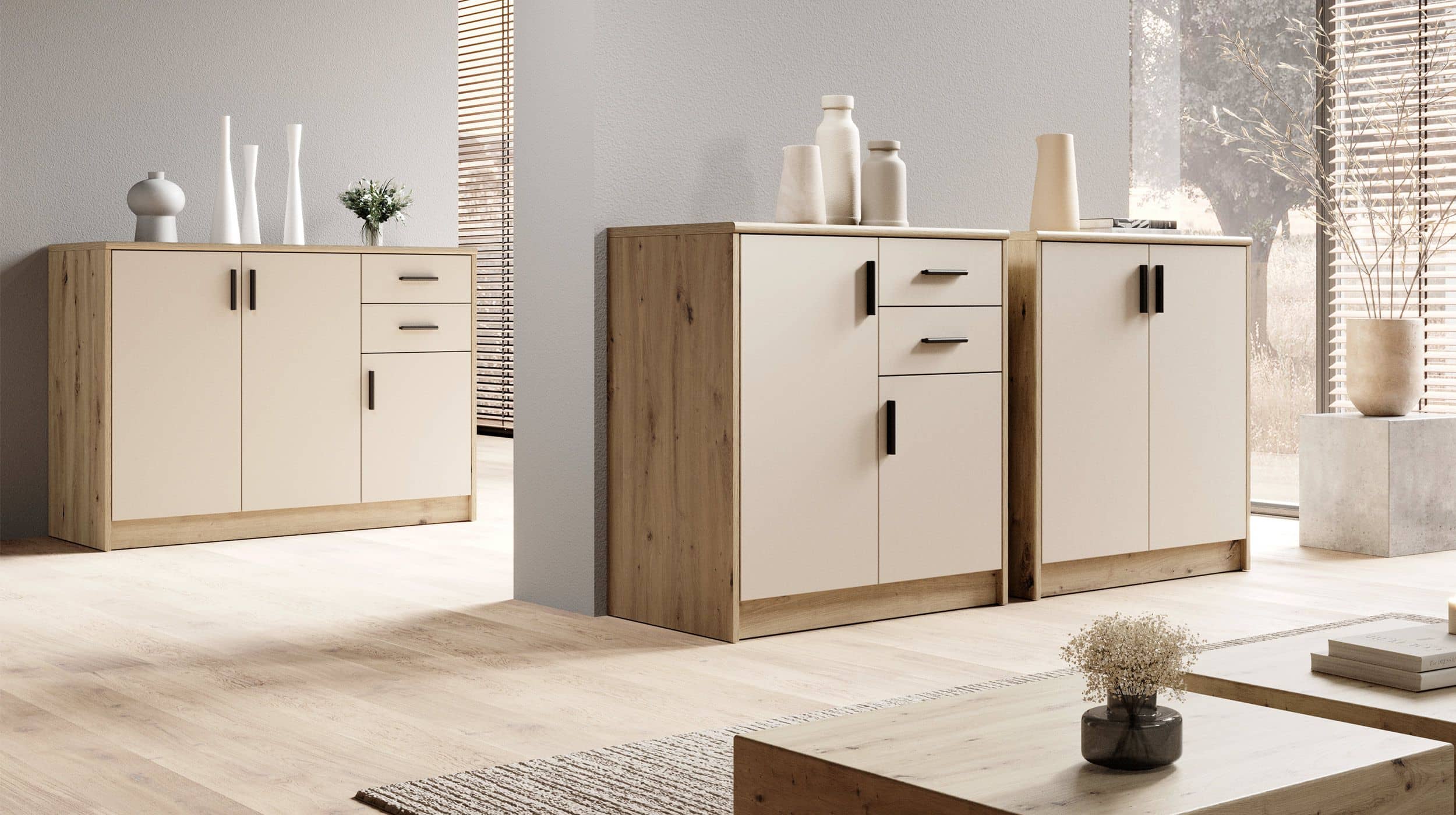 Kommode mit 2 Schubladen beige - Artisan Eiche 74 x 50 cm - NELLY