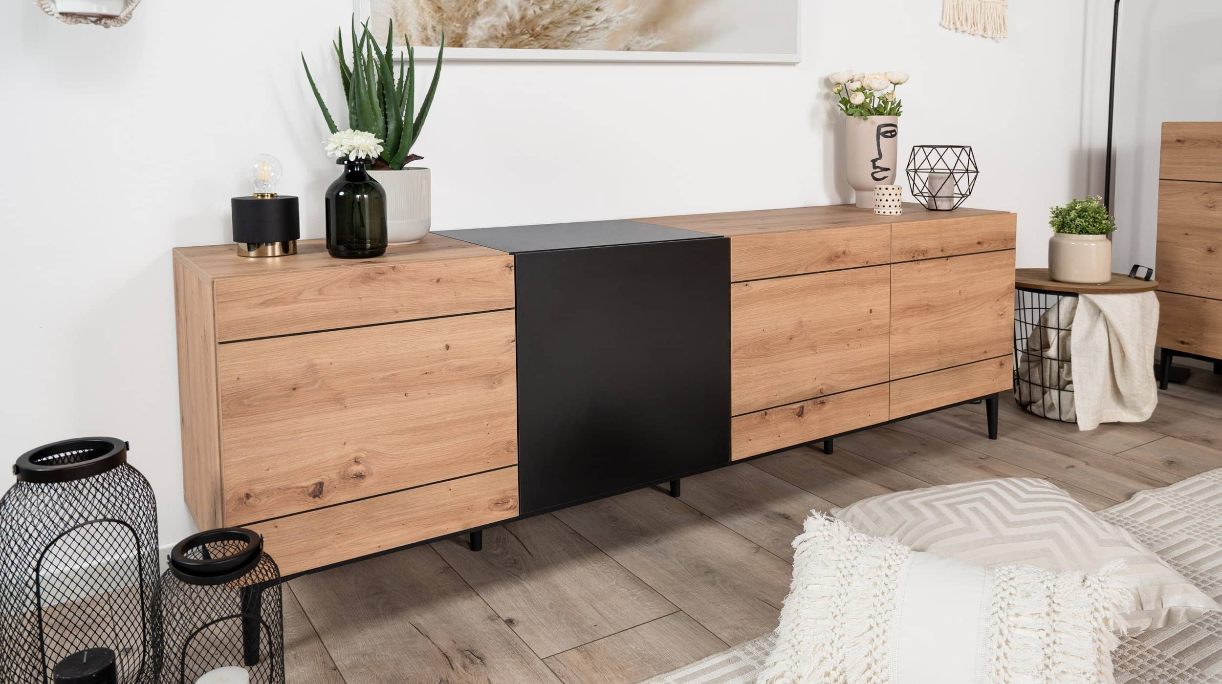 TV - Lowboard Artisan Eiche - schwarz 200 cm 4-türig - NOLA