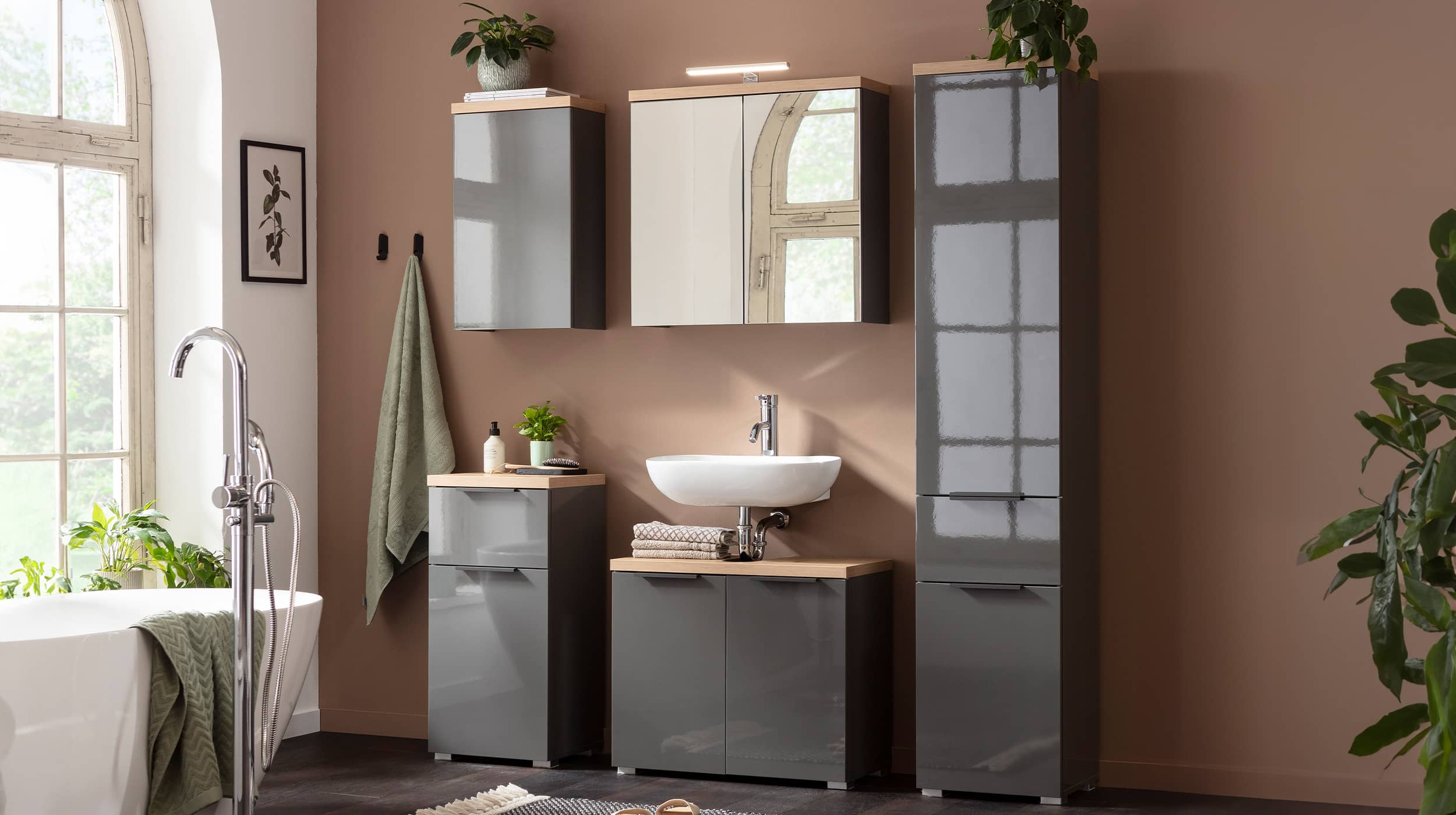 Spiegelschrank grau hochglanz - Artisan Eiche - MUNDI