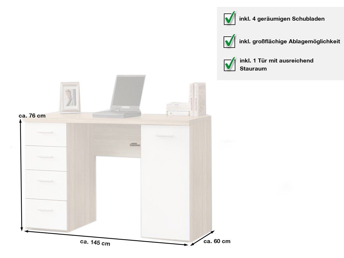 Computerschreibtisch Sonoma Eiche/weiß 145 cm - NET