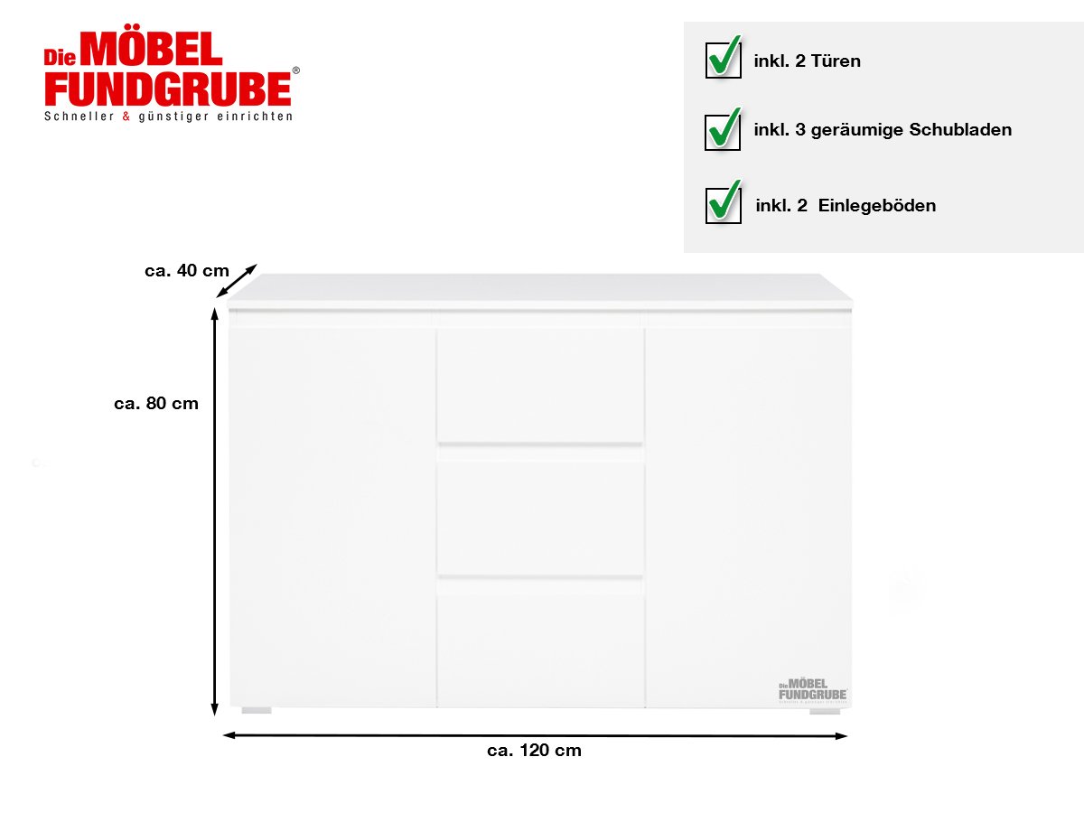 Kommode mit 3 Schubladen weiß matt 120 cm - IMAGE