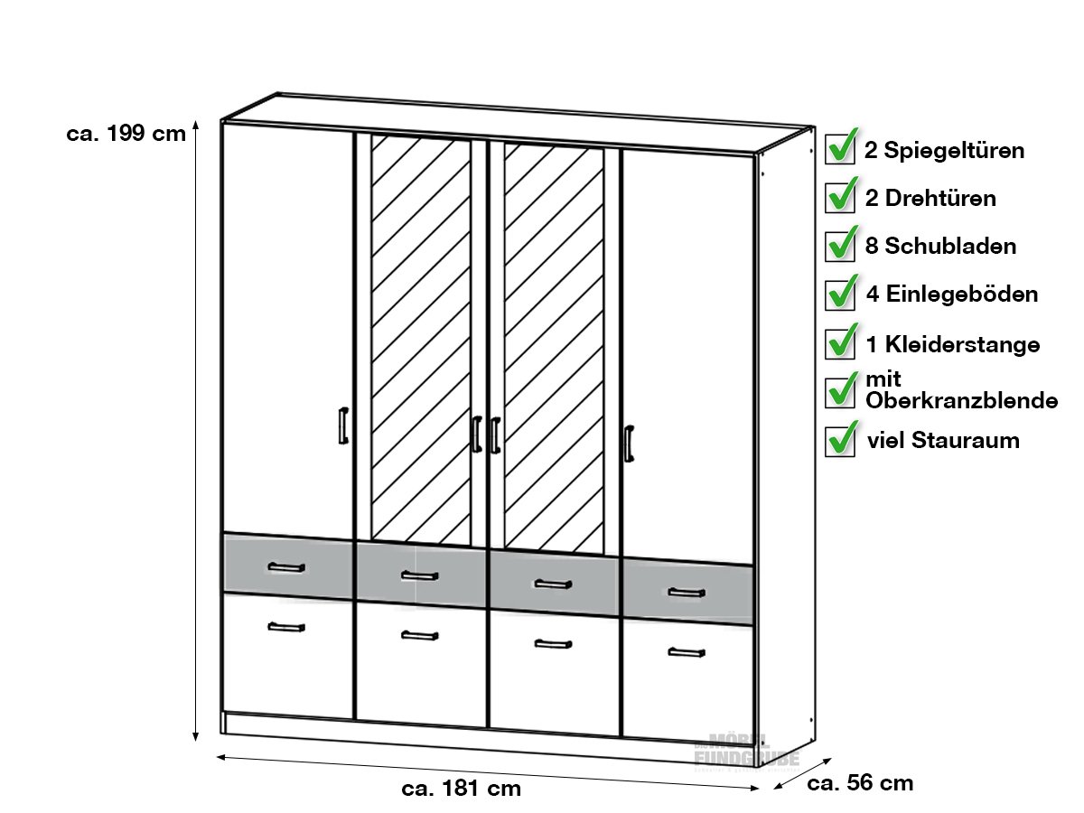 Kleiderschrank 181 cm weiß - grau/metallic - BREMEN-EXTRA