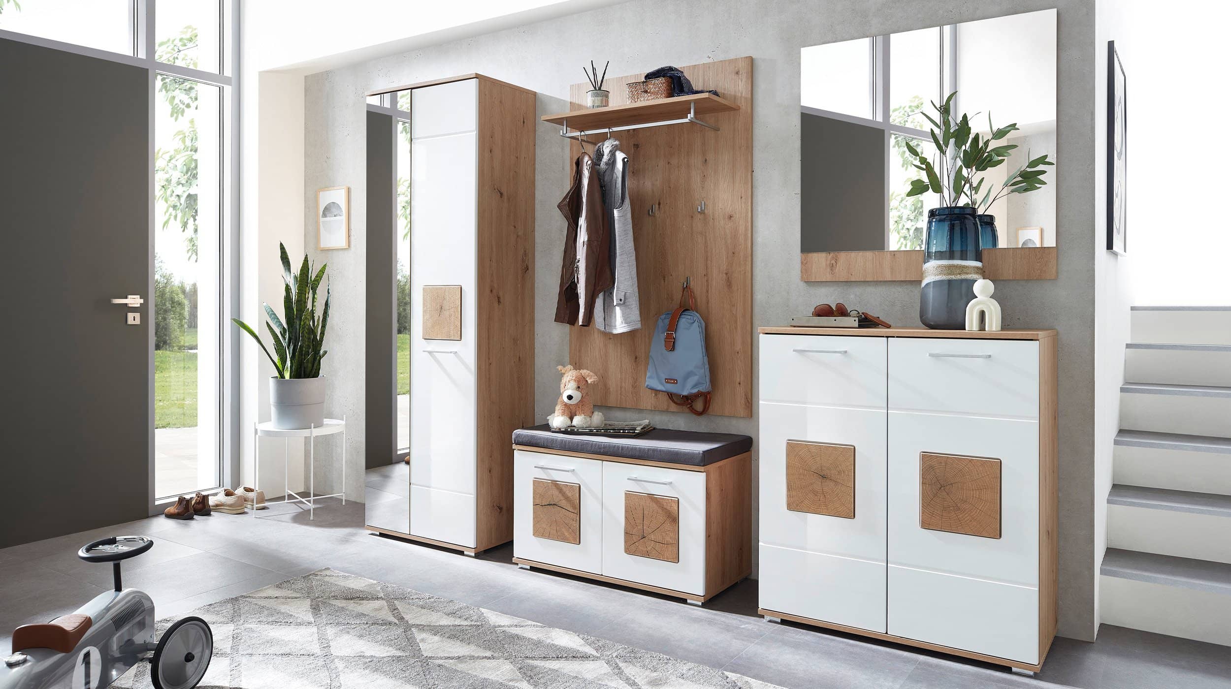 Garderobenschrank weiß hochglanz - Artisan Eiche 195 cm - FUN