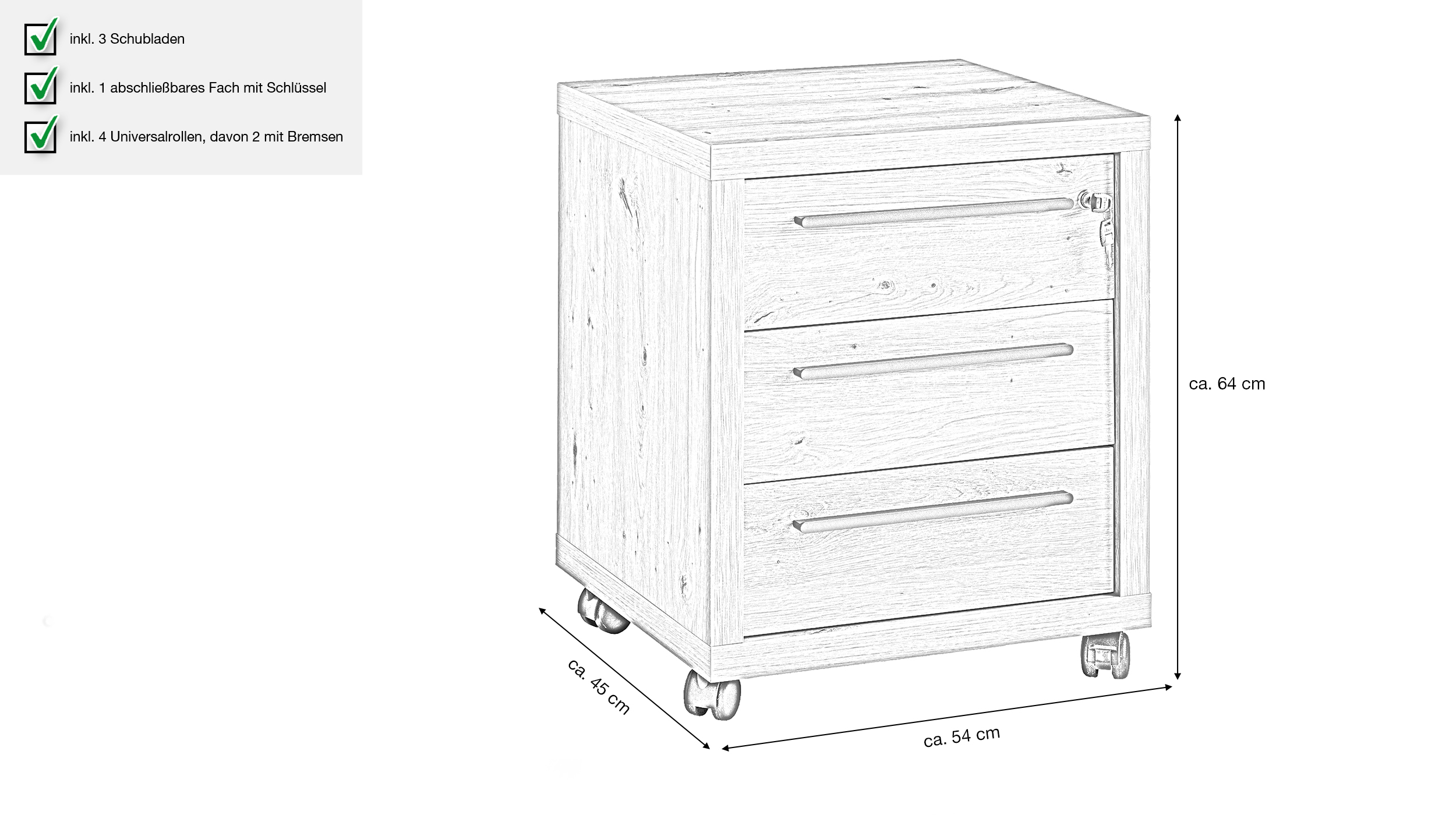 Rollcontainer Artisan Eiche 54 x 64 cm 3 Schubladen - RILEGA