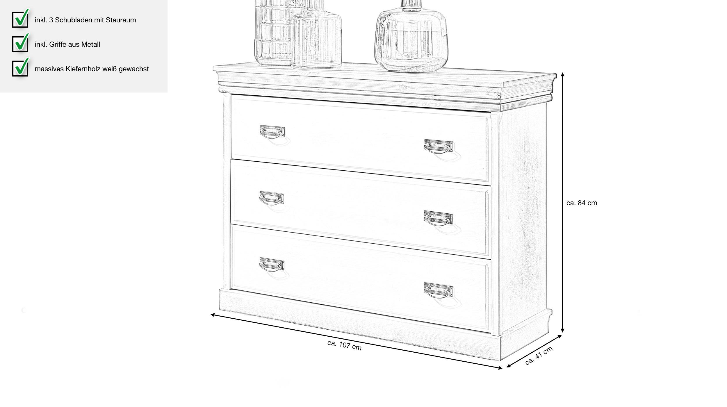 Kommode Kiefer massiv weiß gewachst 107 cm - MATILDA