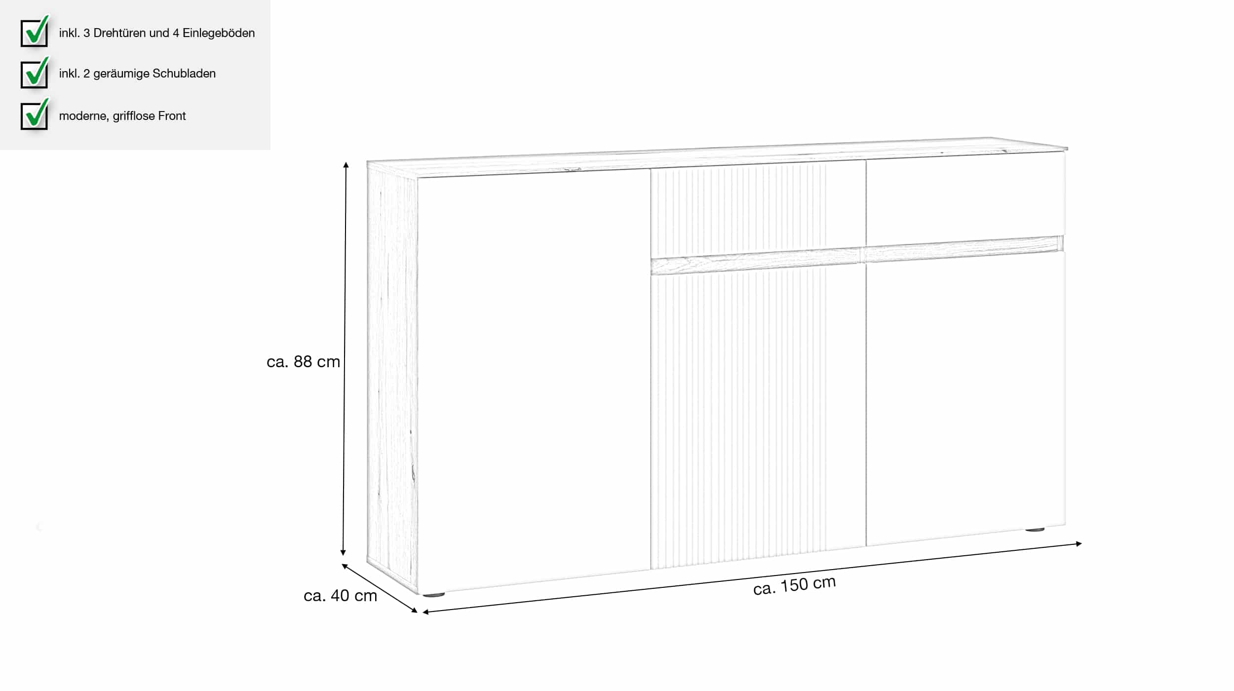 Sideboard grau - Coast Evoke Eiche 150 cm - MANILLA