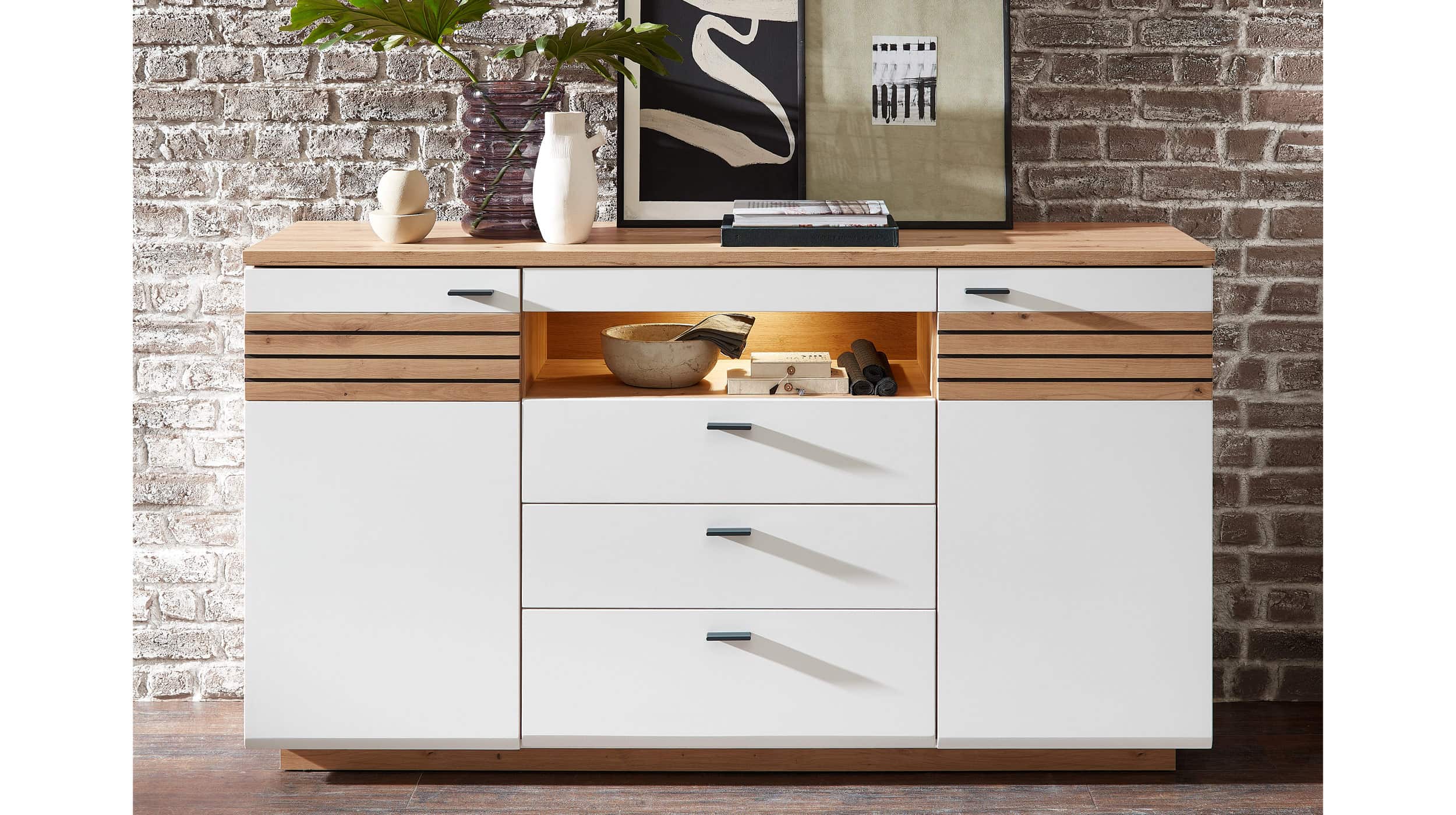 Sideboard mit Beleuchtung - weiß Artisan Eiche - 175 cm - FRESNO