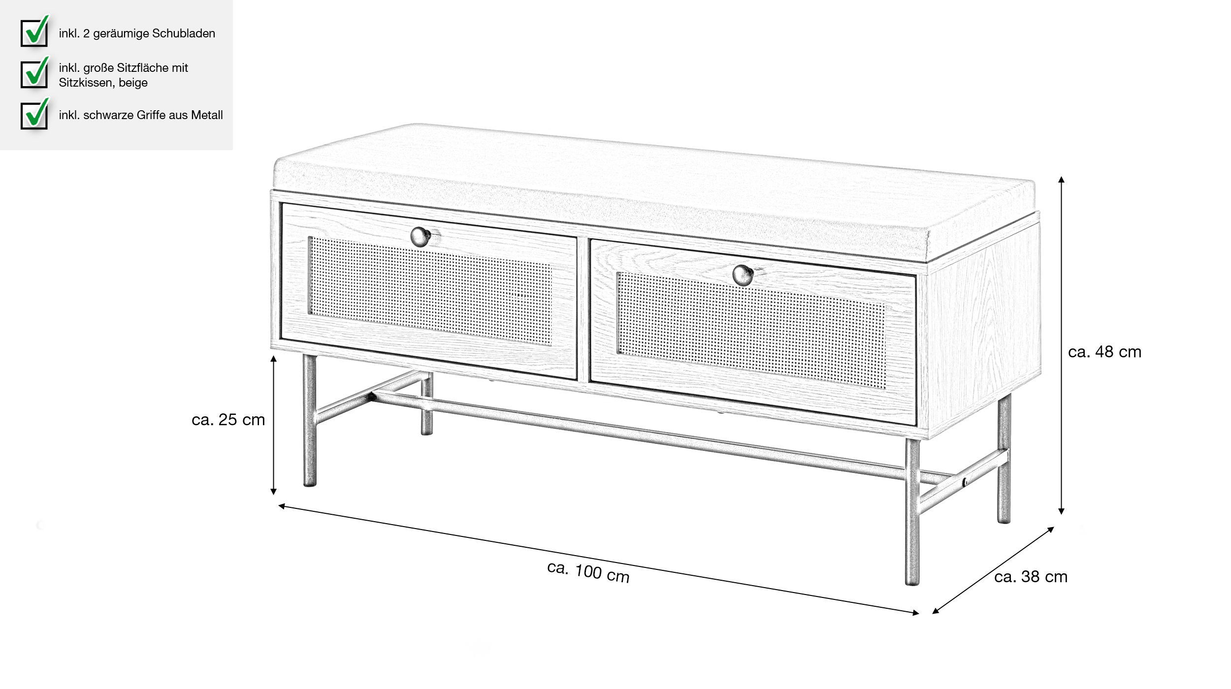 Garderobenbank Eiche Holzdekor - Rattan B 100 x H 48 cm - RATVAN