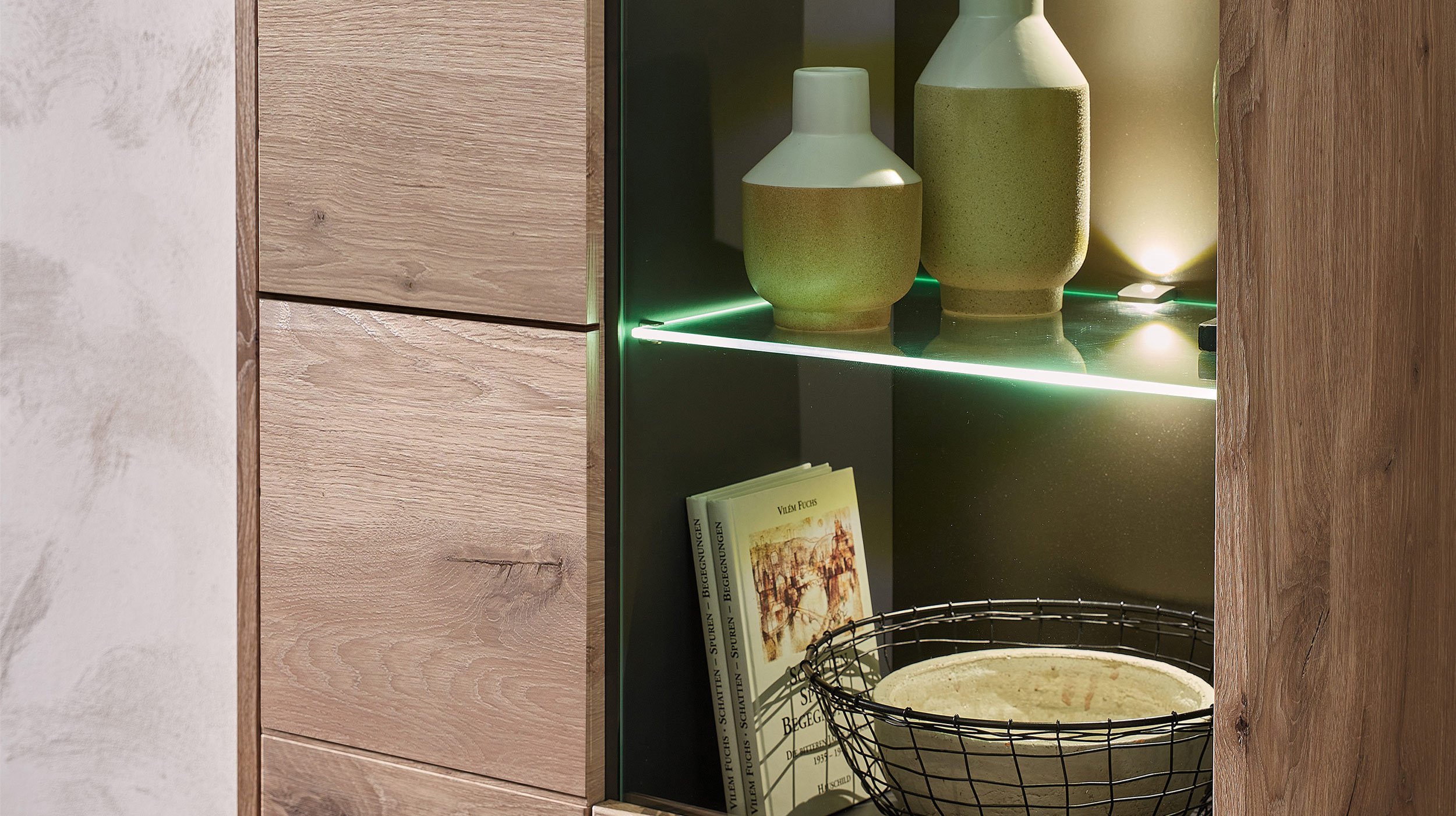 Wohnwand Viking Oak graphit 299 cm - Beleuchtung - BELLANO