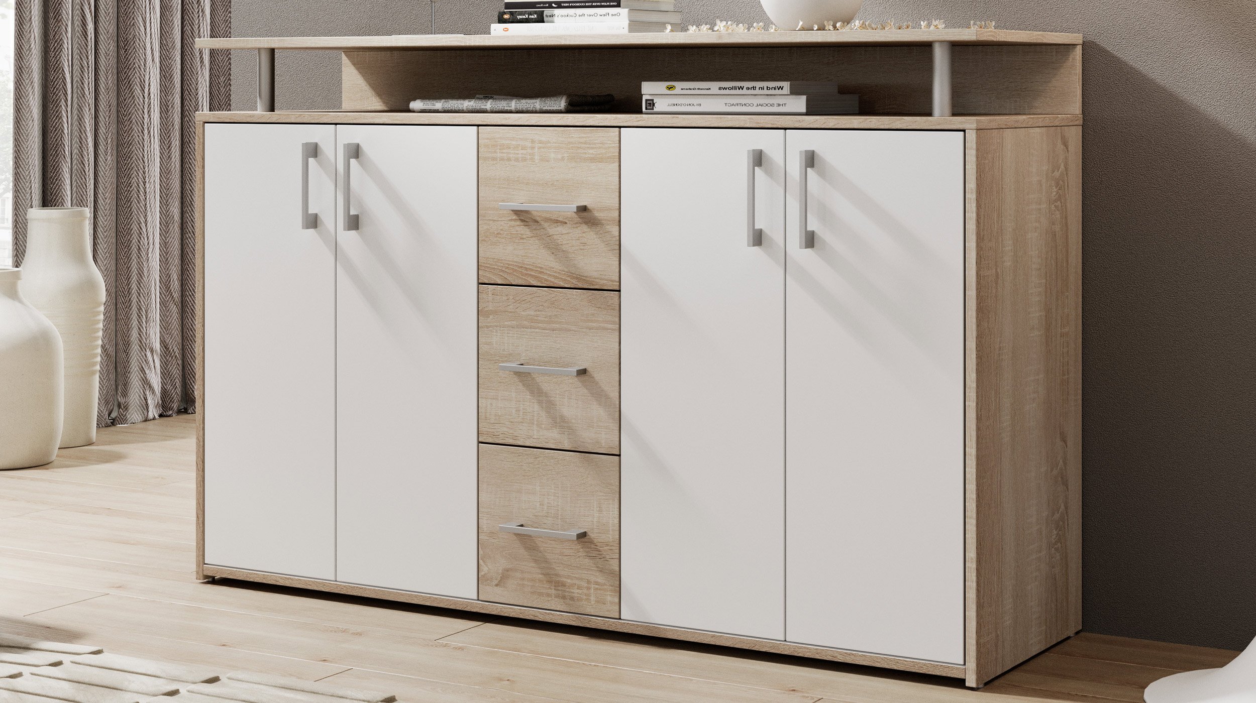 Highboard Sonoma Eiche - weiß - 4-türig - 139 cm - DRIFT
