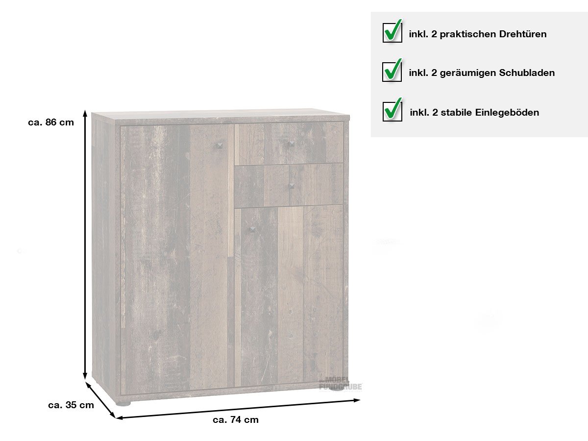 Kommode Old Wood 74 cm 2-türig mit 2 Schubladen - TEMPRA