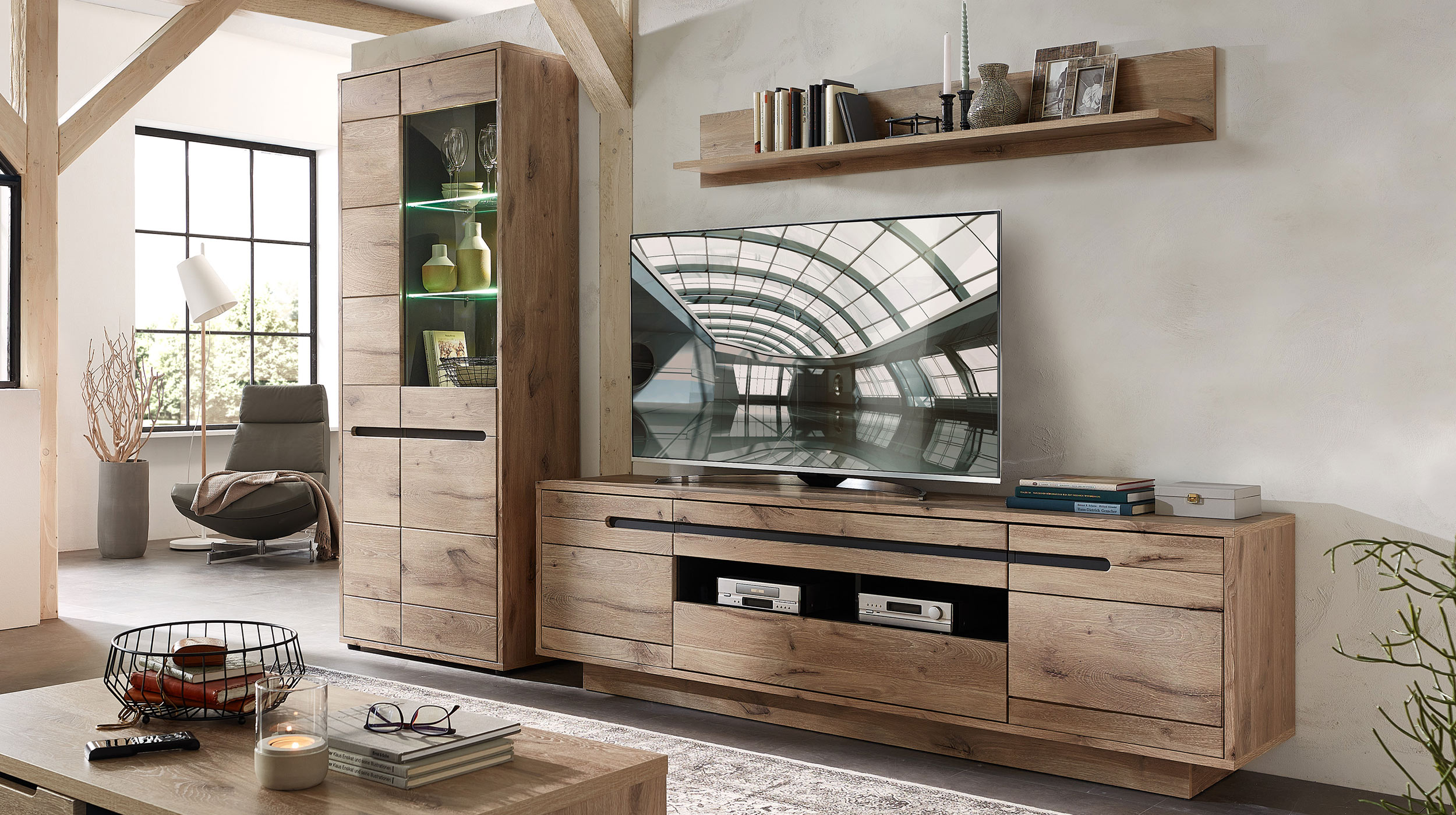 Wohnwand Viking Oak graphit 299 cm - Beleuchtung - BELLANO