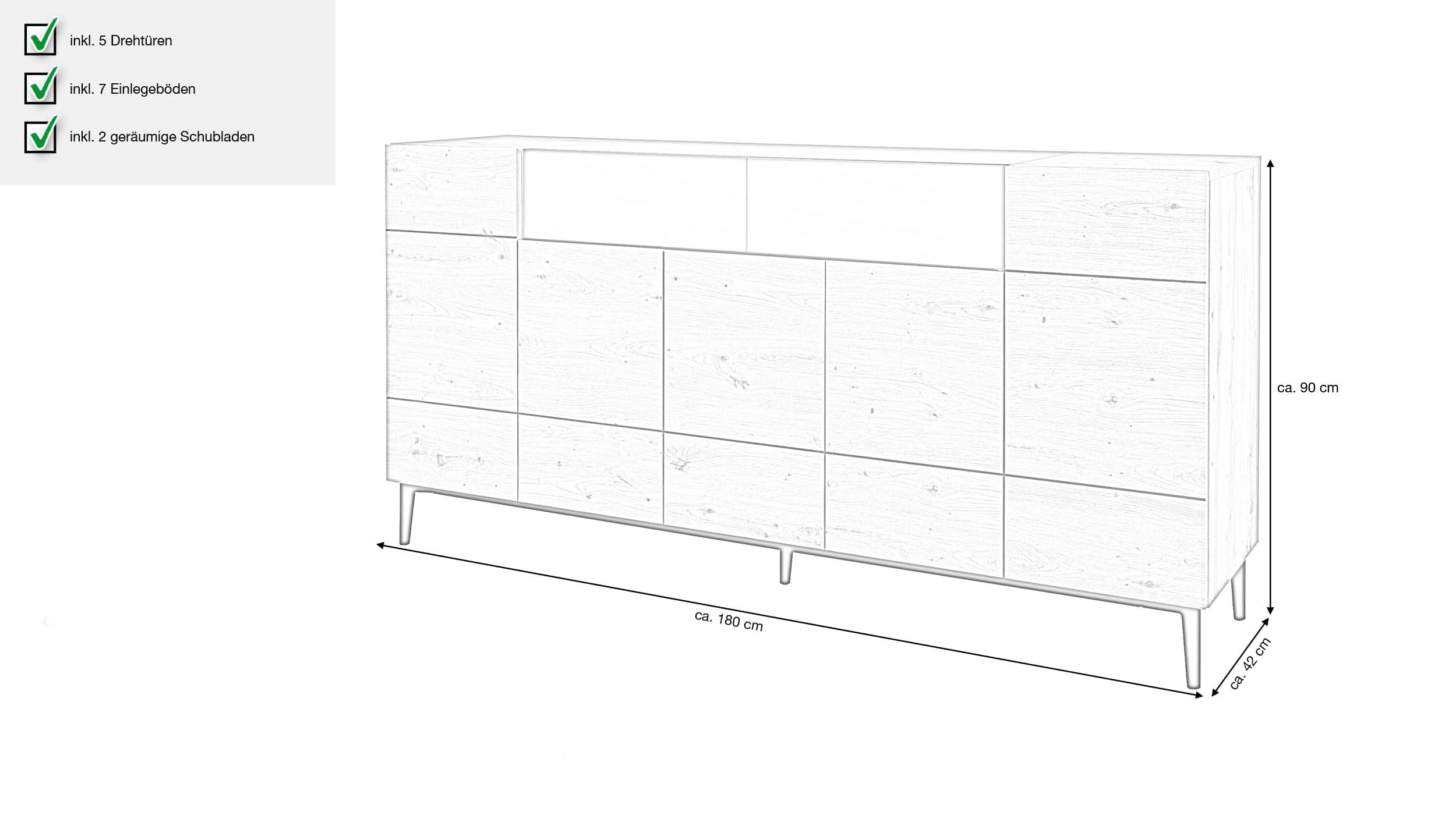 Sideboard Artisan Eiche - schwarz 180 cm 5-türig - NOLA