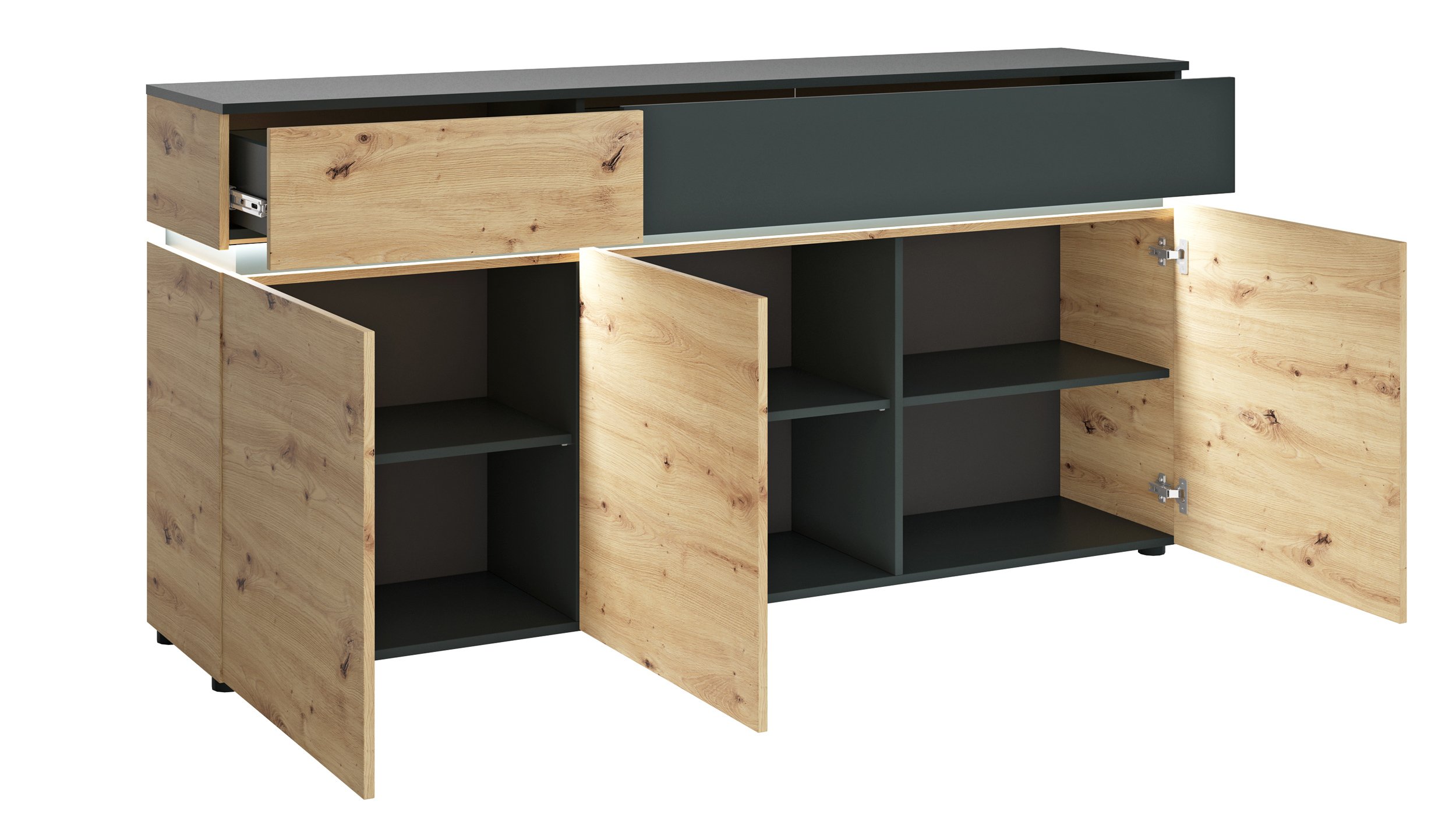 Sideboard Artisan Eiche - grau 180 cm mit Beleuchtung - LUCI