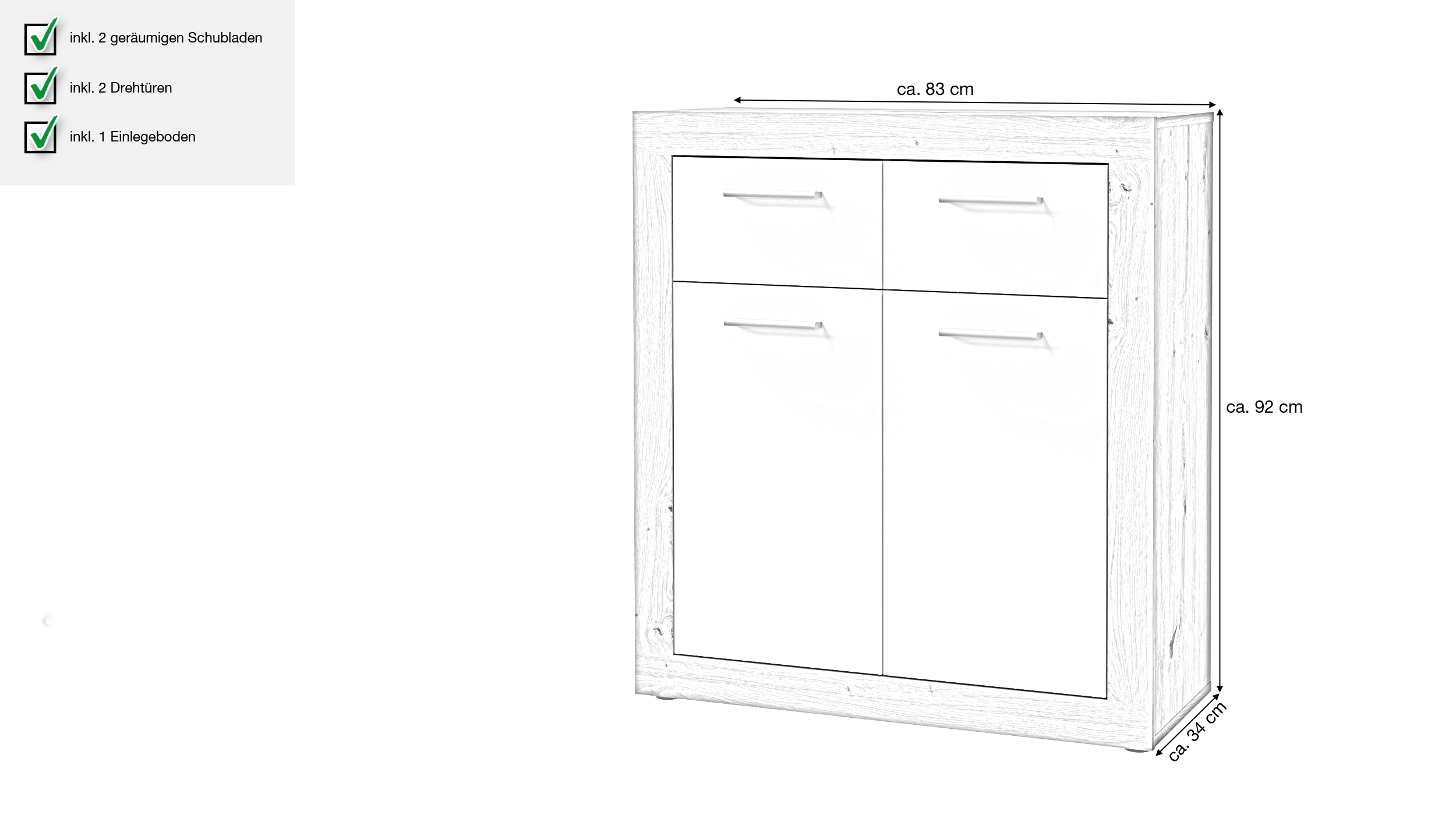 Kommode Artisan Eiche - weiß 83 x 92 cm 2-türig - BACCIO