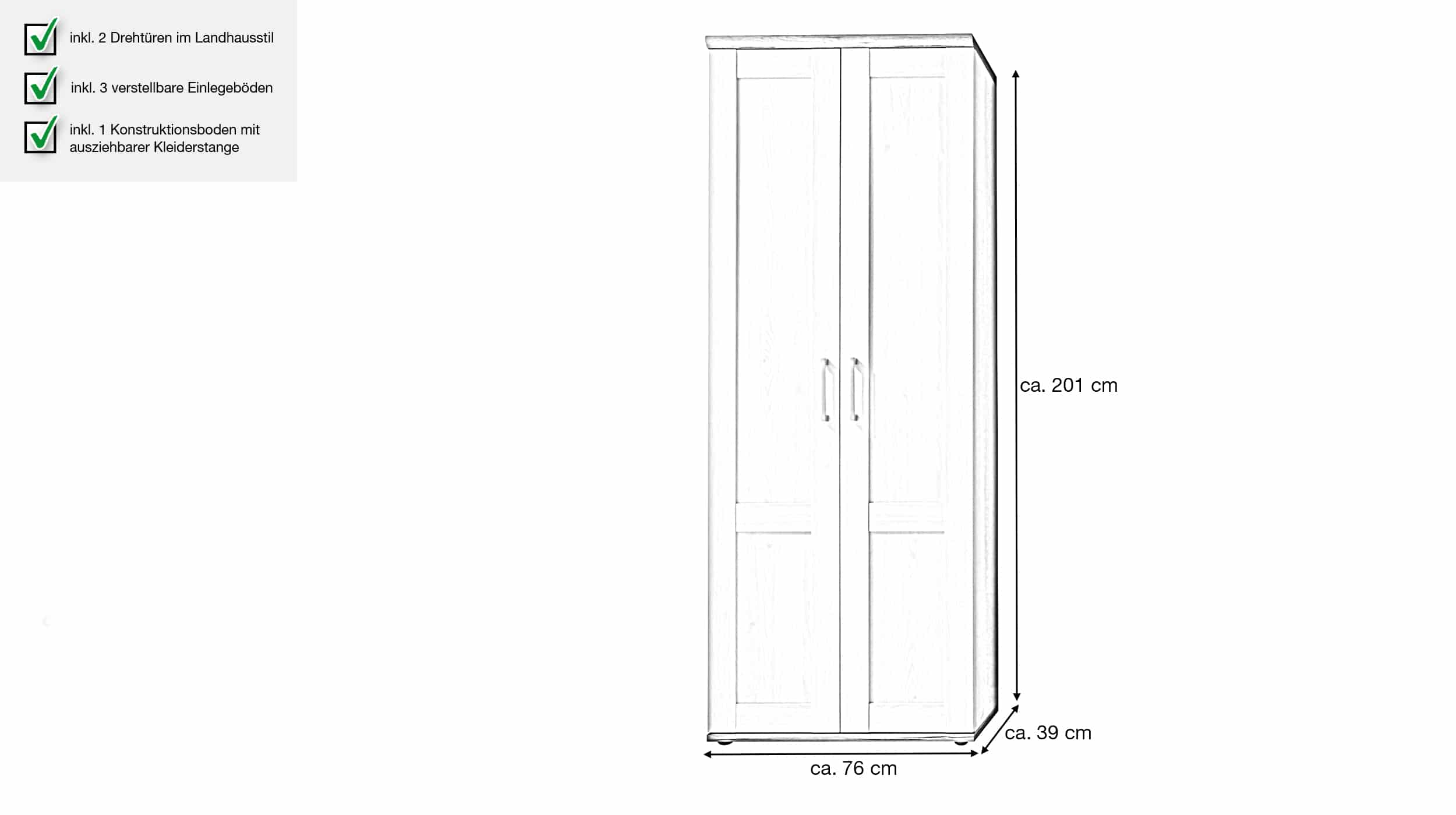 Garderobenschrank Sibiu Lärche 76 x 201 cm - ROMANCE