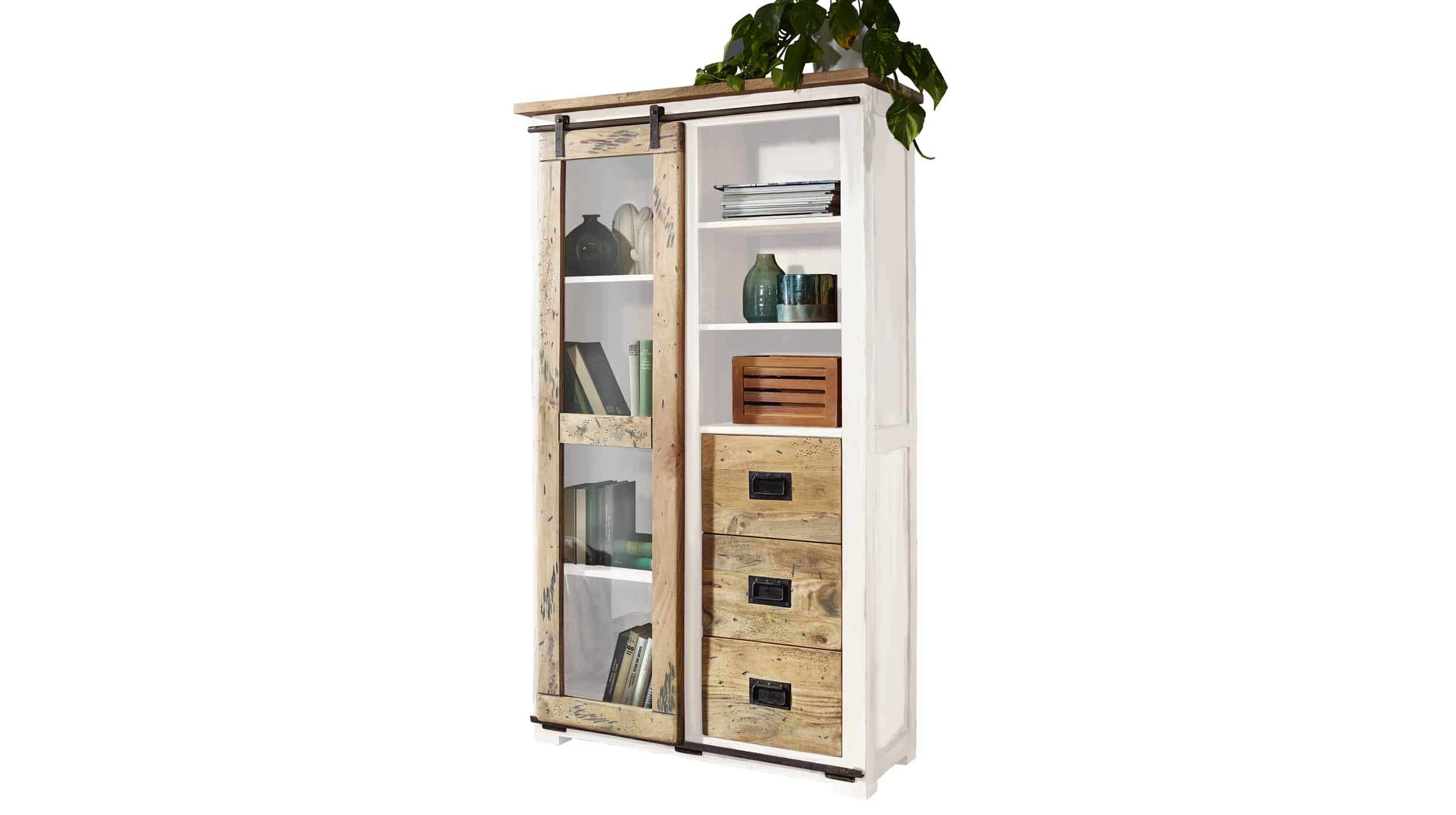 Vitrine mit Schiebetür Mango massiv weiß Breite 100 cm - EMANUEL Vitrine mit Glastür Massivholz Mango 175 cm - EMANUEL
