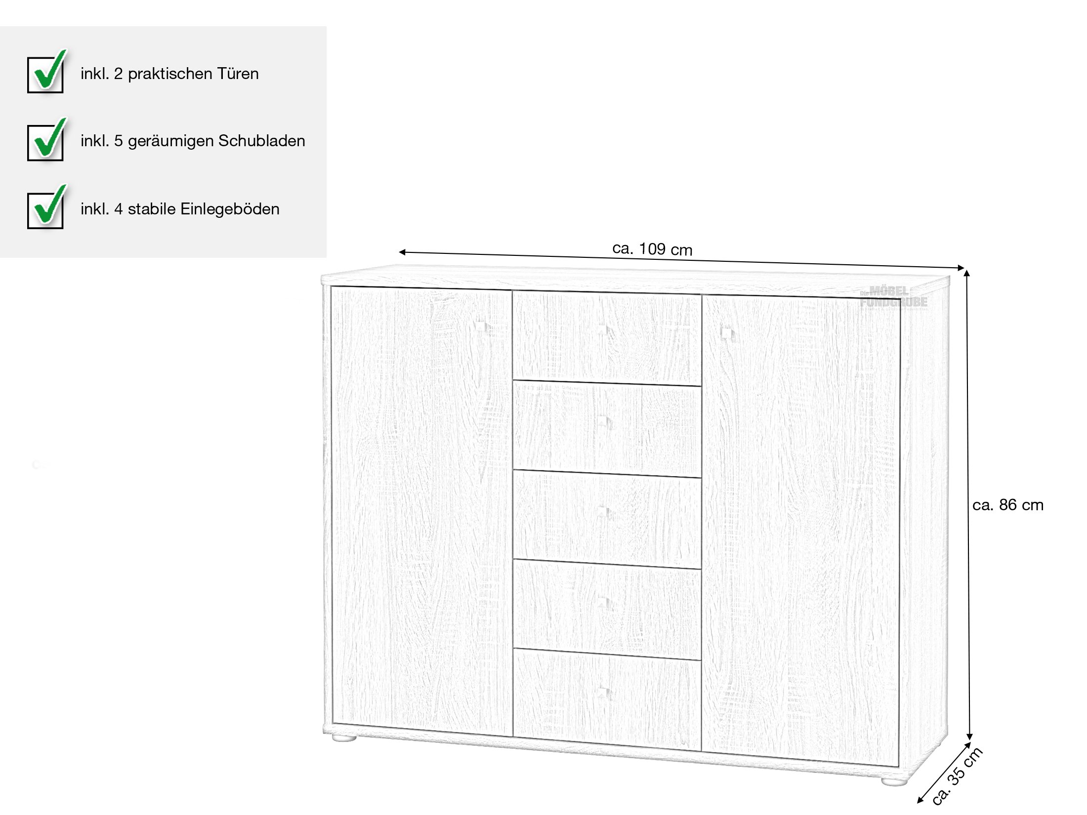 Kommode Sonoma Eiche 2-türig 109 cm - TEMPRA 