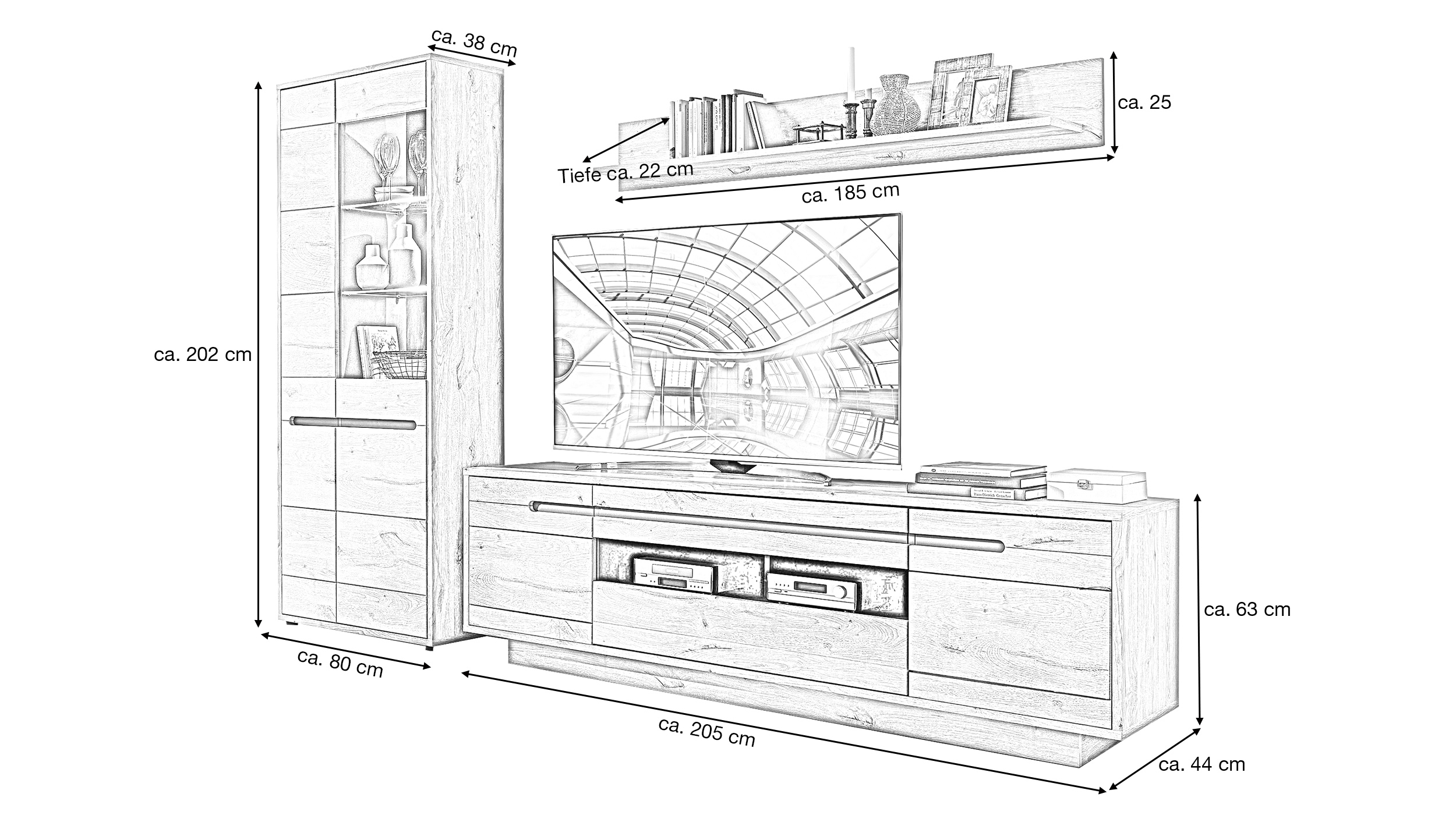 Wohnwand Viking Oak graphit 299 cm - Beleuchtung - BELLANO