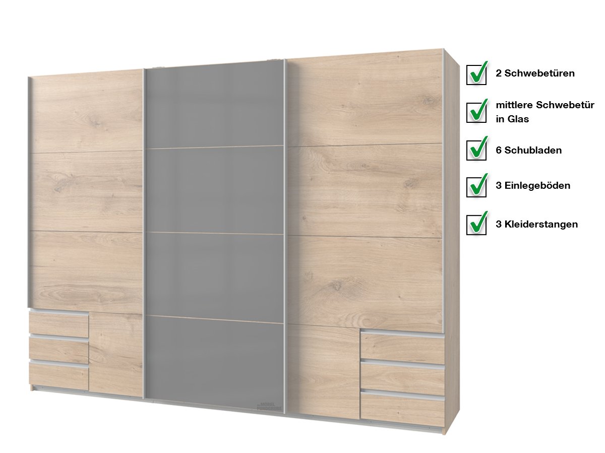 Schwebetürenschrank 270 cm - Plankeneiche - graphit - VALENCIA