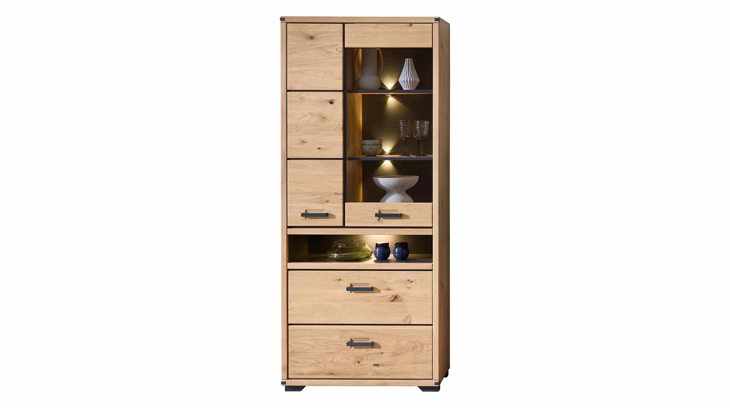 Vitrine mit Beleuchtung Wildeiche teilmassiv Breite 85 cm - CATANIA Vitrine mit Glastür - Wildeiche teilmassiv 204 cm - CATANIA