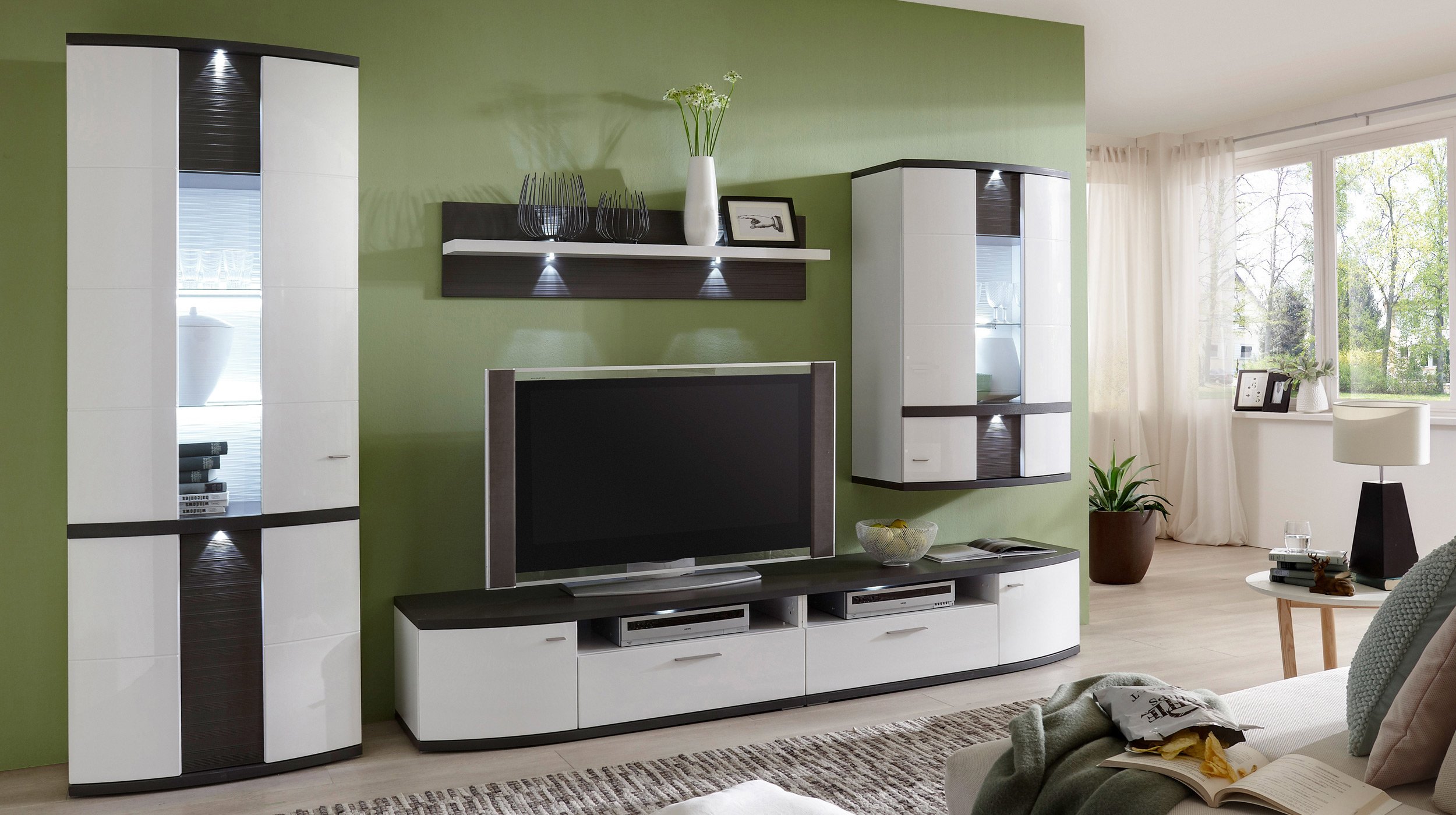 Wohnwand weiß hochglanz - 327 cm - Beleuchtung - CABANA
