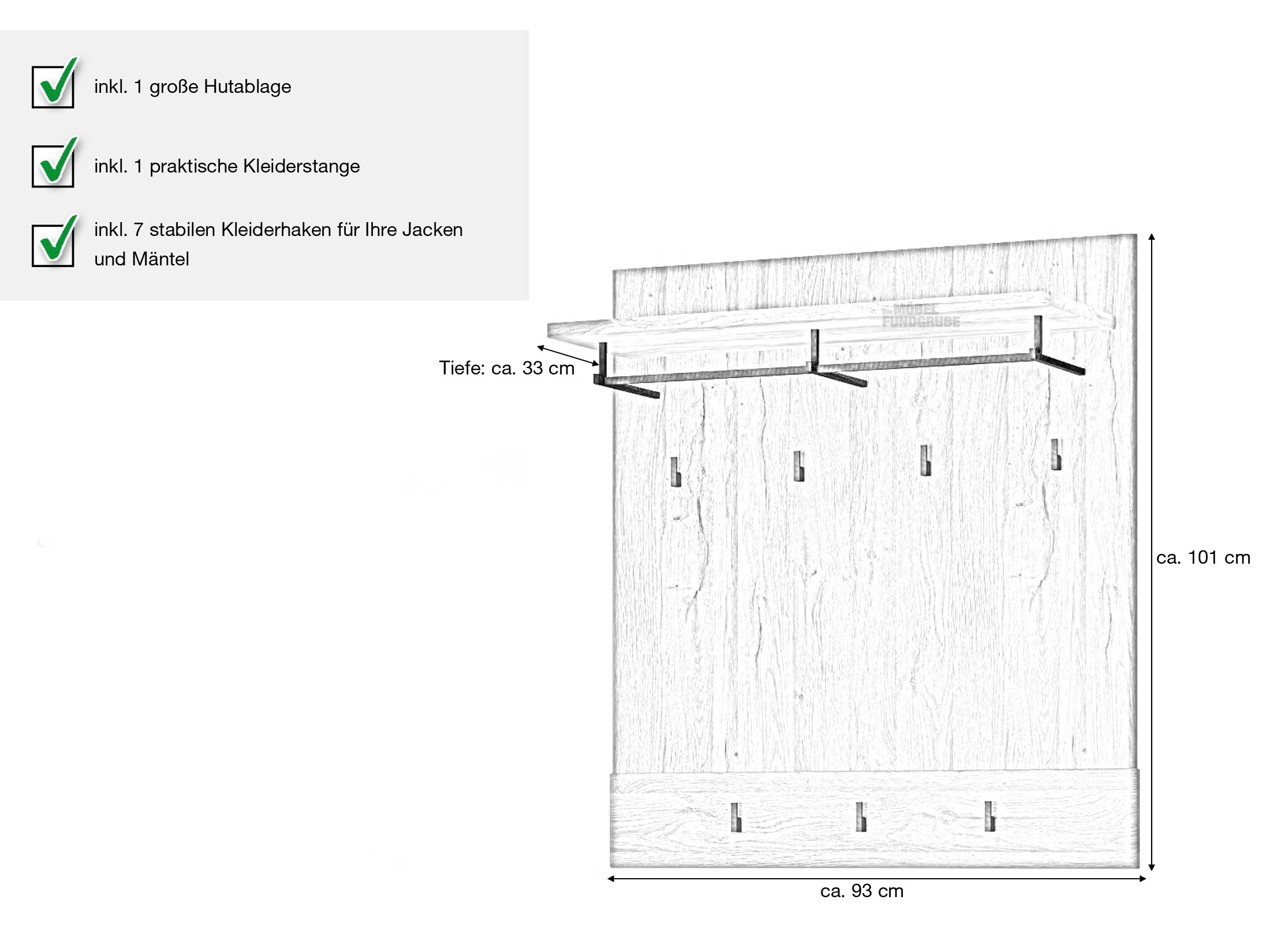 Wandgarderobe Paneel 93 cm Grandson Eiche - CORTINA