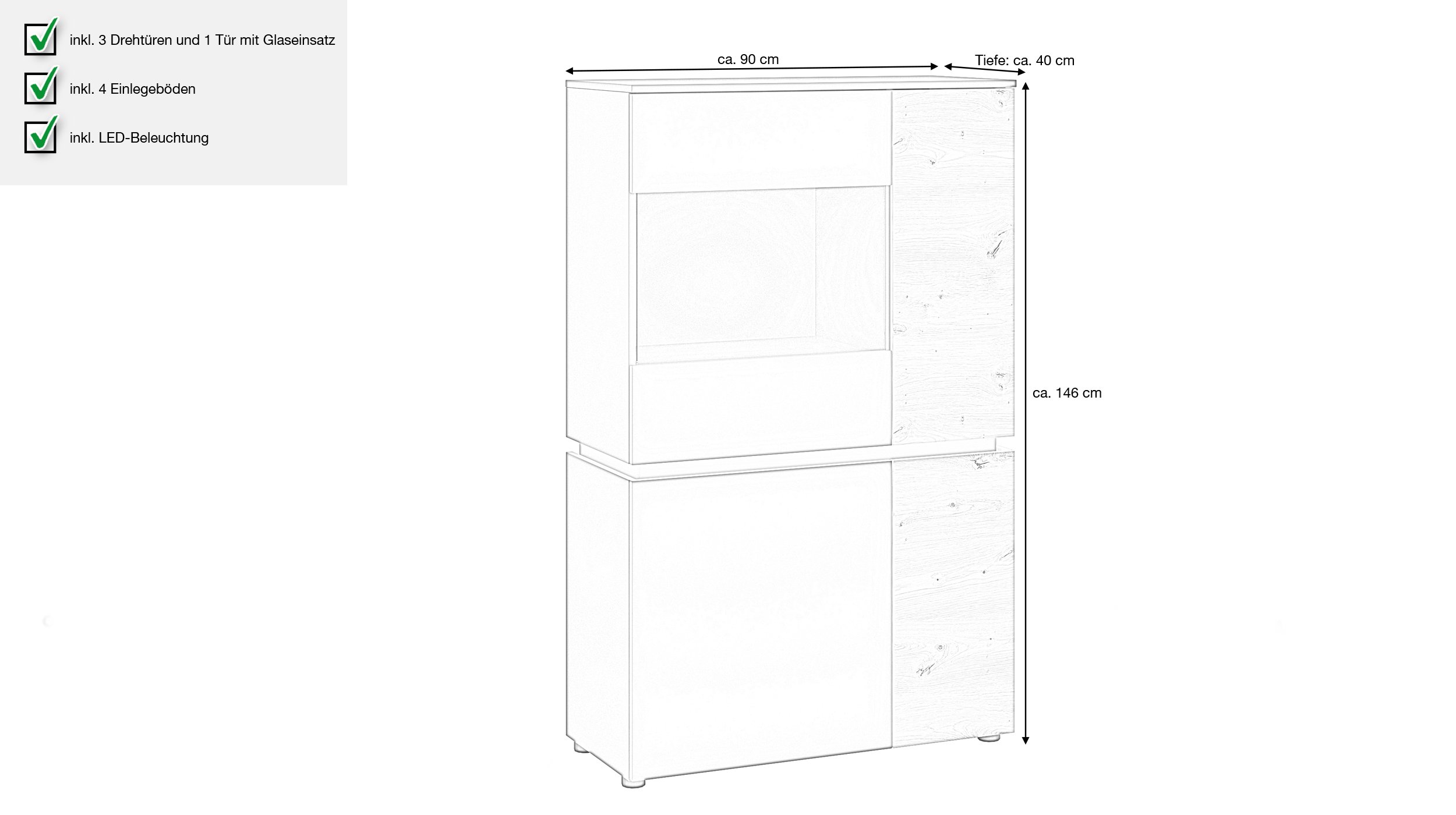 Vitrine Artisan Eiche - grau 146 cm mit Beleuchtung - LUCI