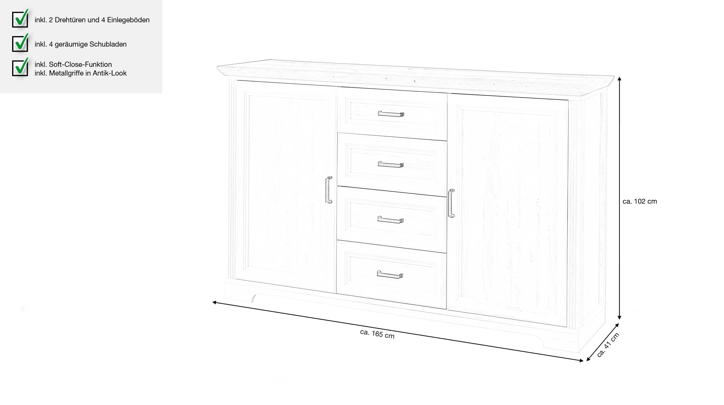 Kommode Pinie weiß - Artisan Eiche - 165 cm - 2-türig - JASMIN