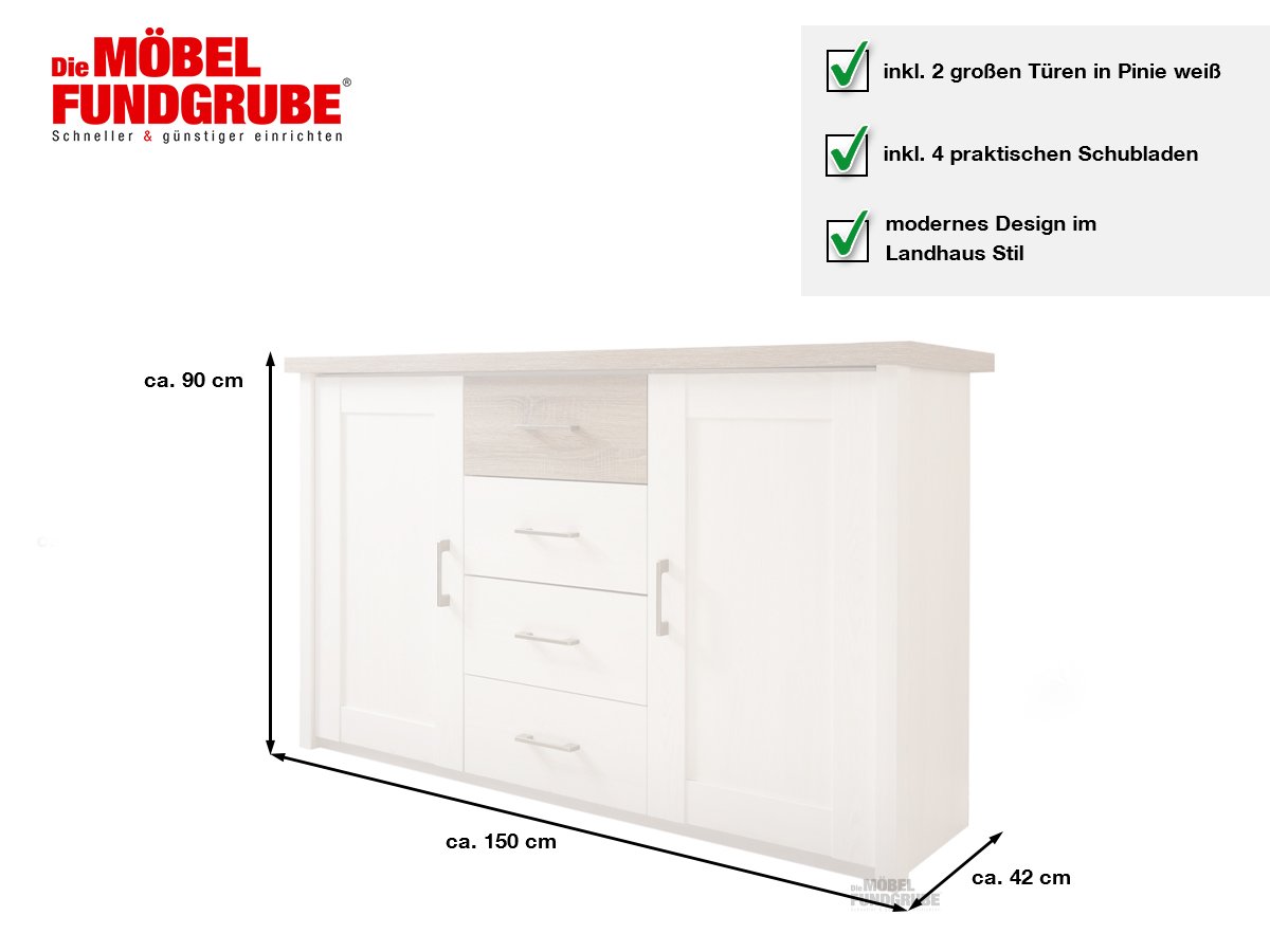 Kommode mit 4 Schubladen Pinie weiß - Trüffel 150 cm - LUCA