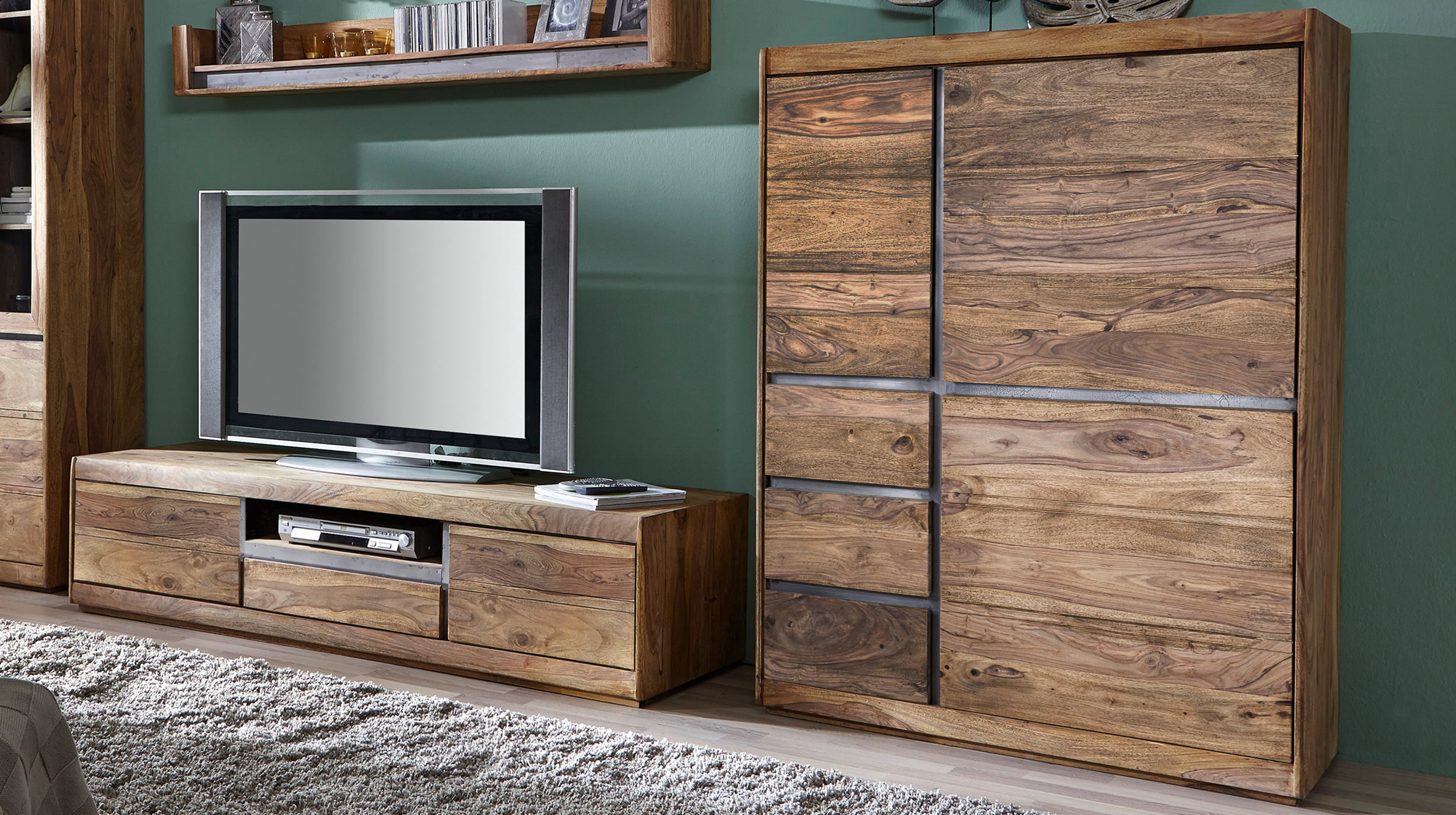 Highboard 3 Türen Sheesham massiv gebeizt 102 cm - SENSO