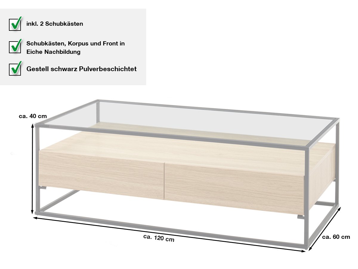 Couchtisch Eiche Glasplatte Gestell schwarz - 120 cm - EVORA