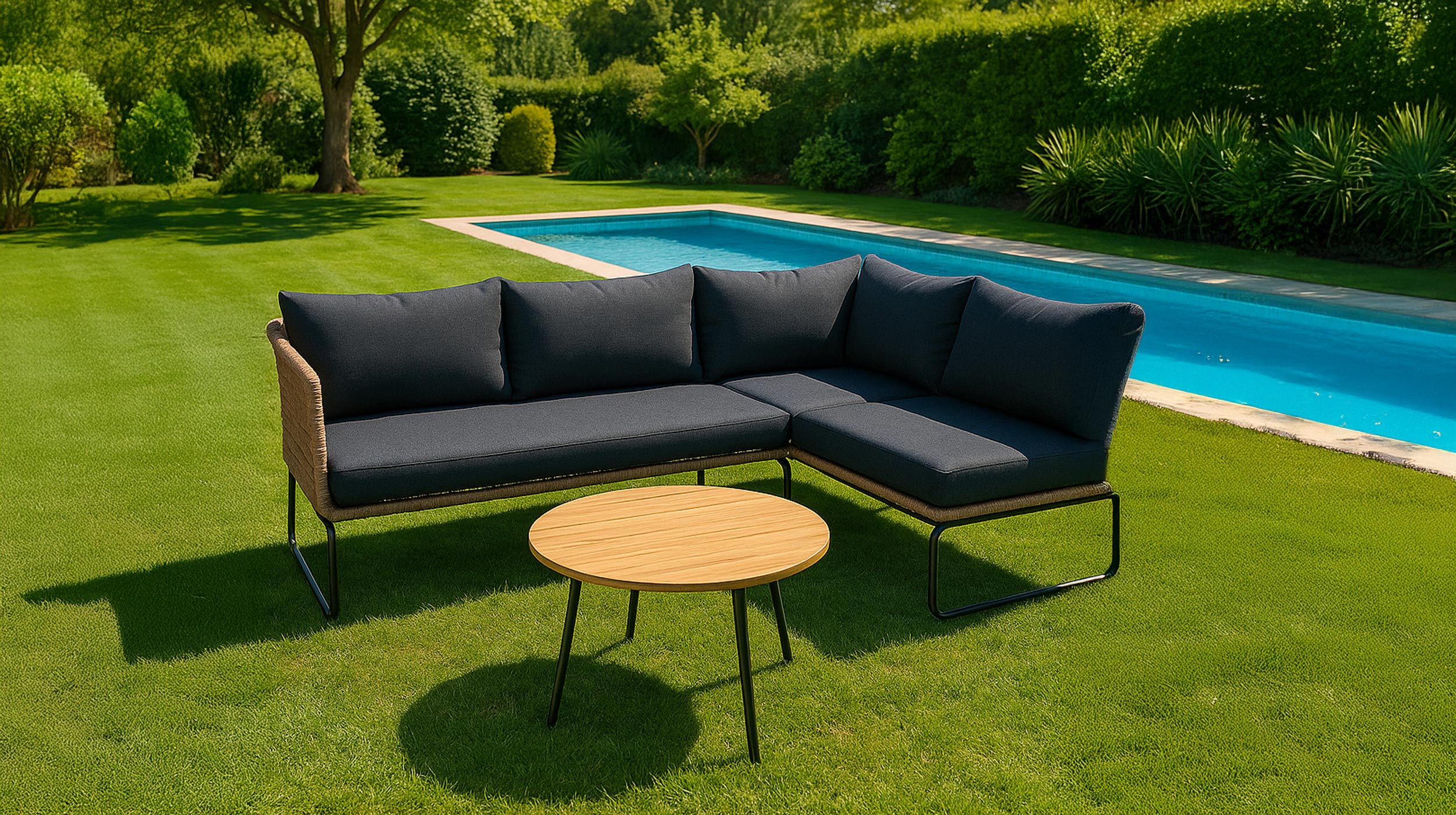 Gartenmöbel Set 3-teilig Teak Holz Tisch 70 x 40 cm - SERENO Ropegeflecht Gartenmöbel Set 3-teilig Tisch 70 x 40 cm - SERENO