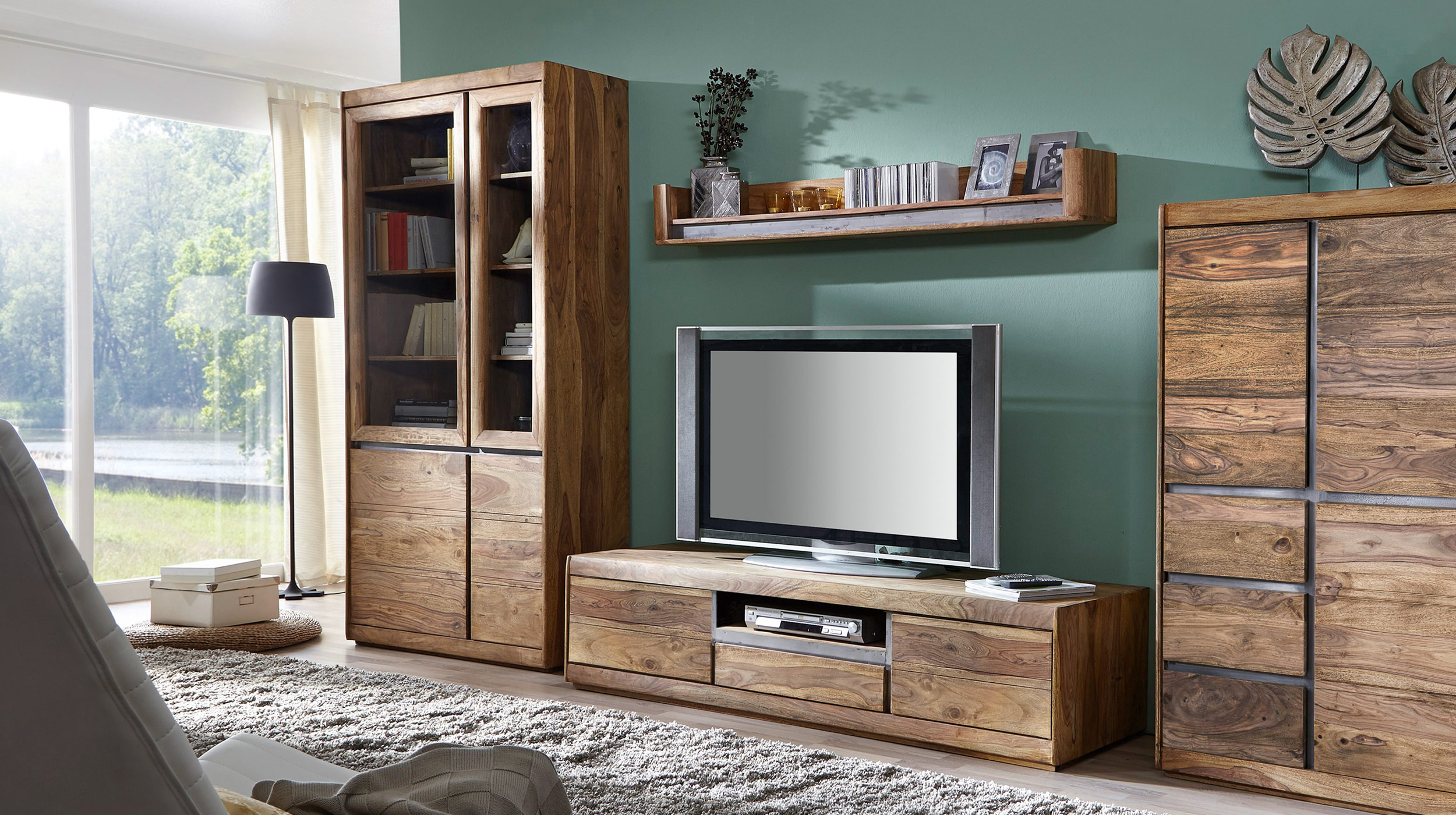 Vitrine mit 2 Glastüren Sheesham massiv gebeizt 205 cm - SENSO