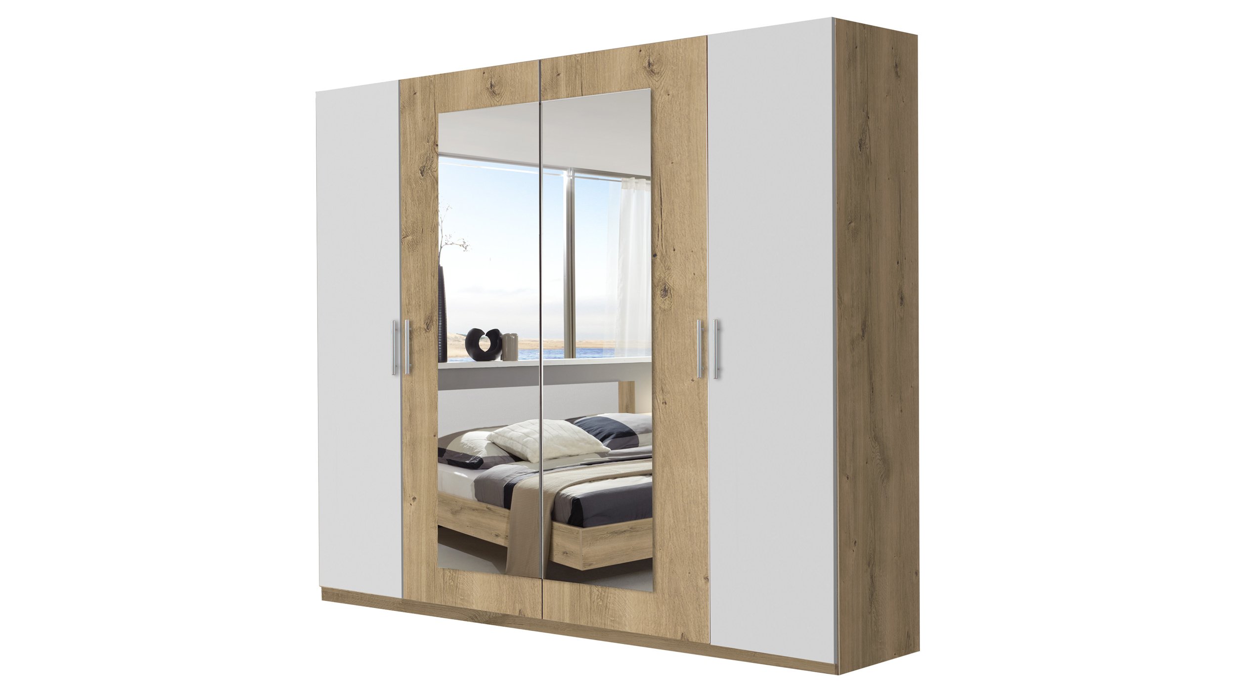 Kleiderschrank mit Spiegel - Plankeneiche - weiß - 225 cm - NORA Kleiderschrank 225 cm Plankeneiche - weiß - NORA
