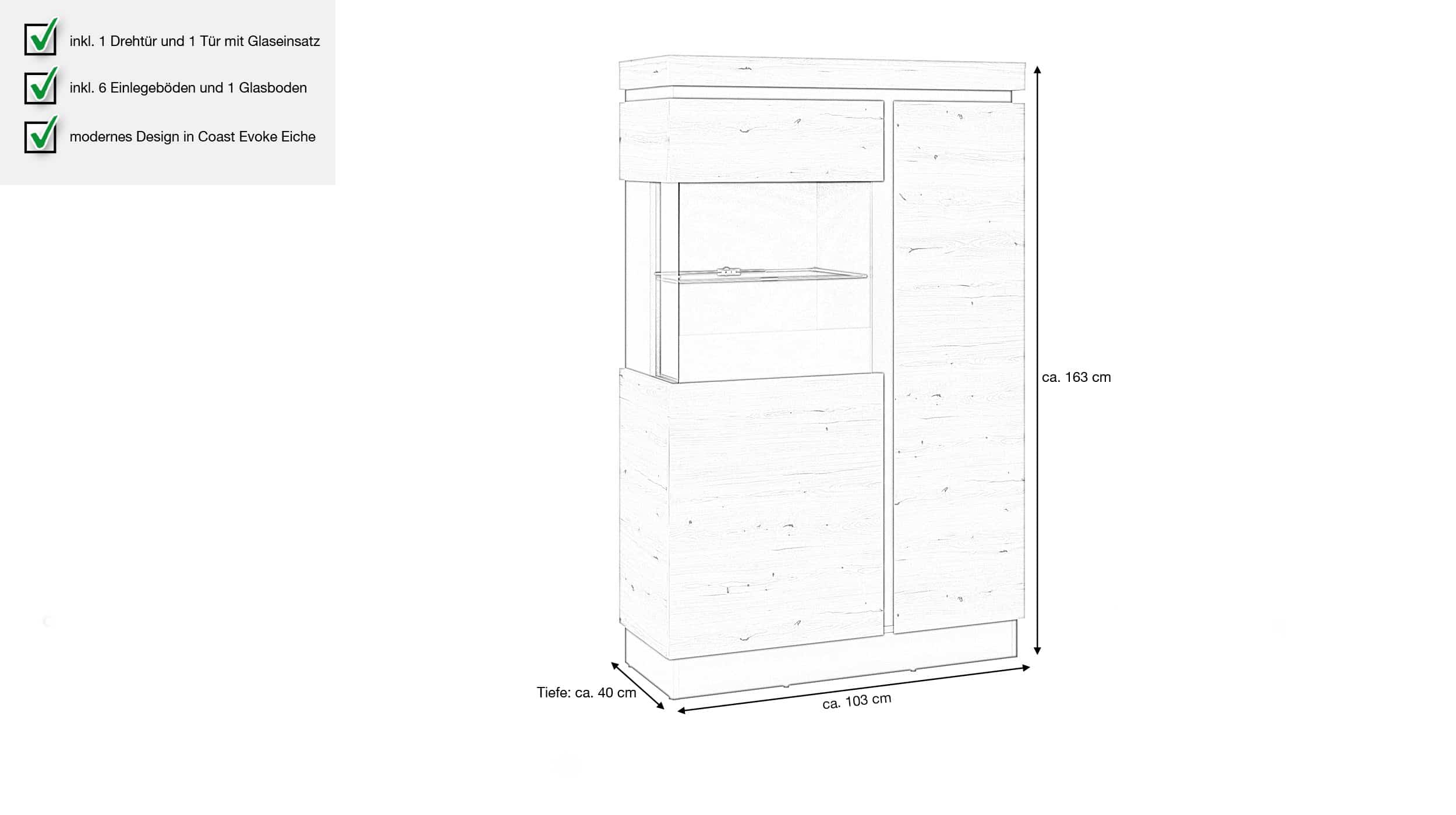 Vitrine Coast Evoke Eiche - grau 163 cm - CORTE