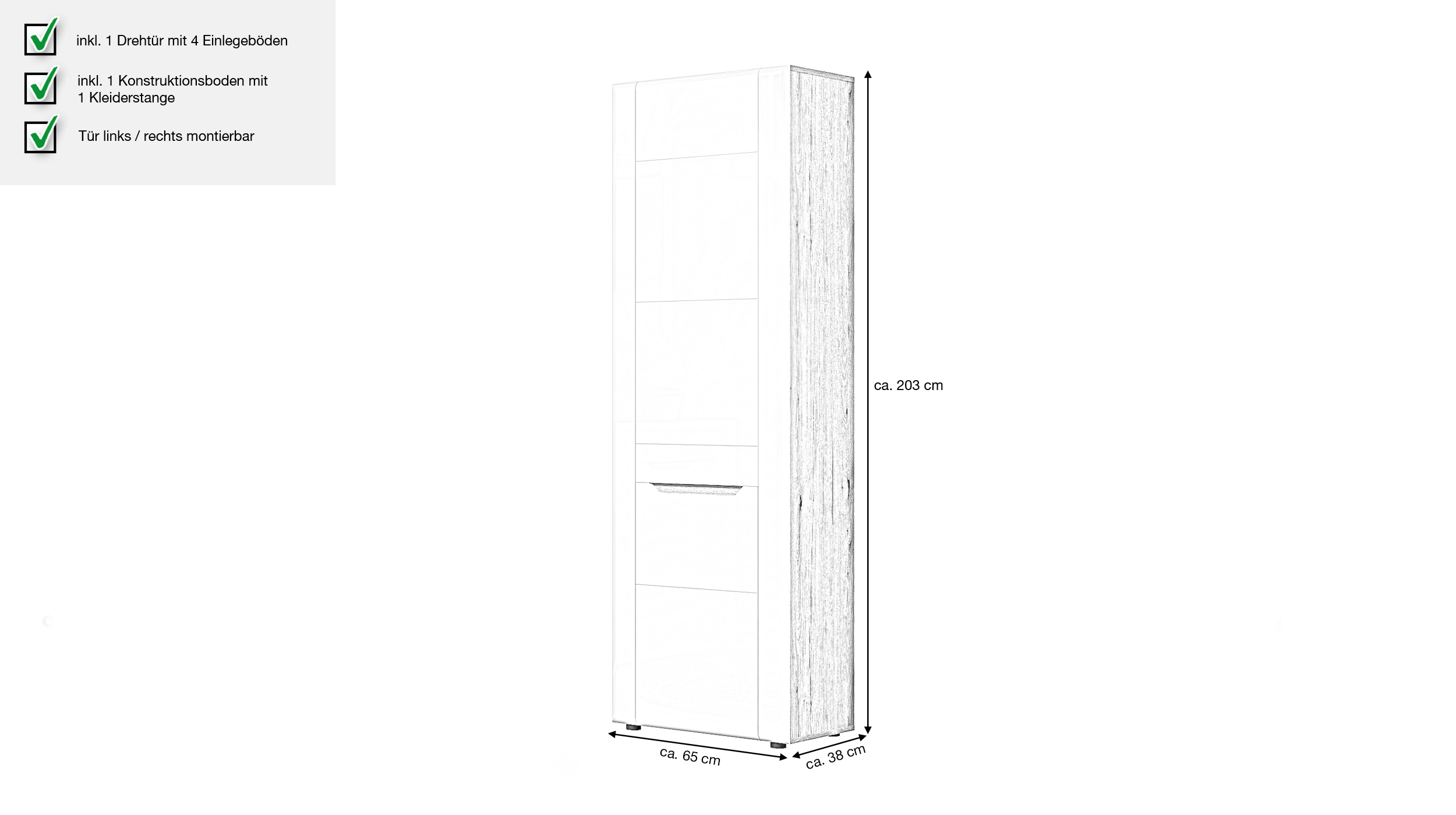 Garderobenschrank weiß hochglanz - Eiche 203 cm - JARON 