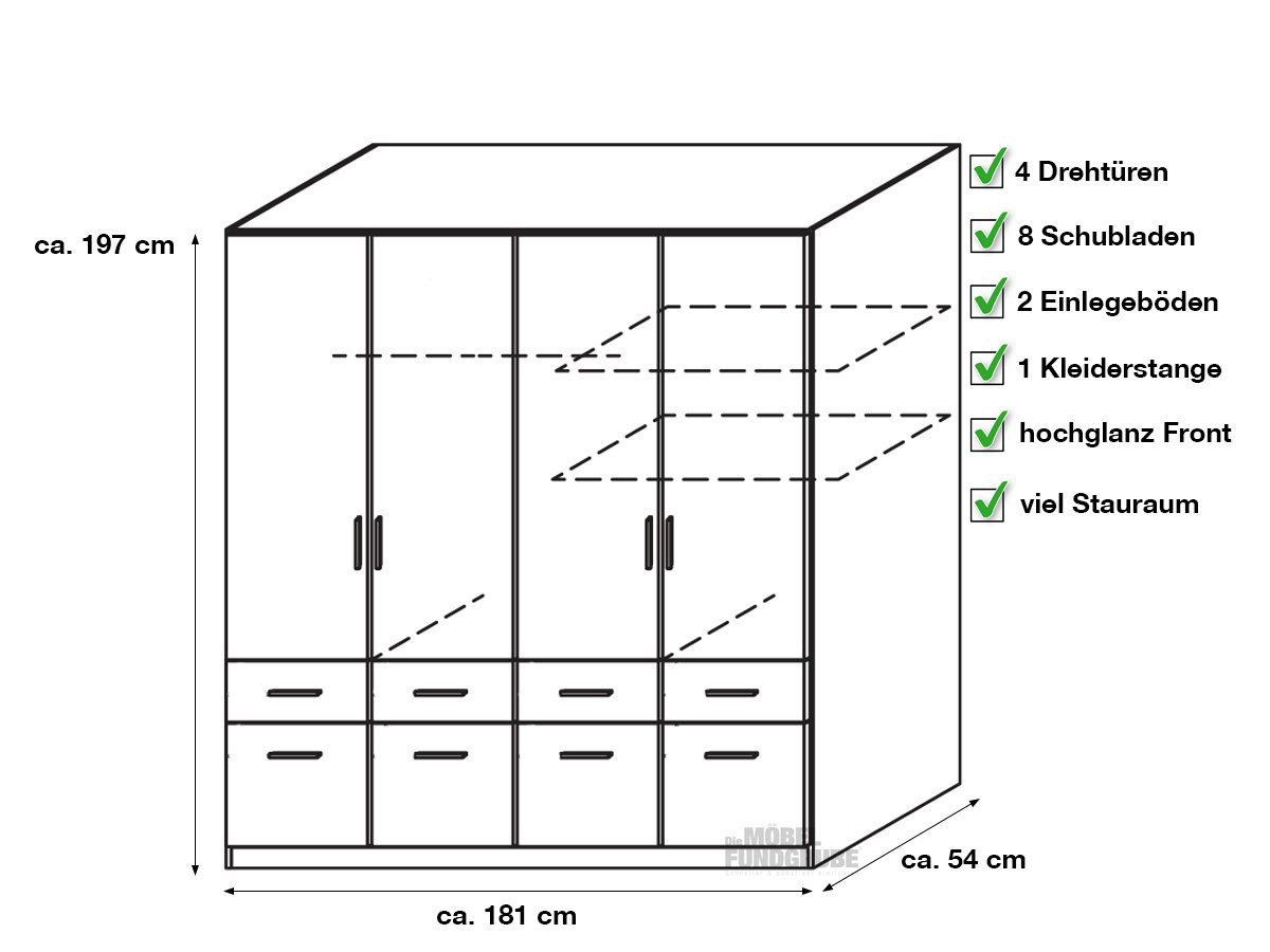 Kleiderschrank weiß hochglanz 181 cm 4-türig - CELLE