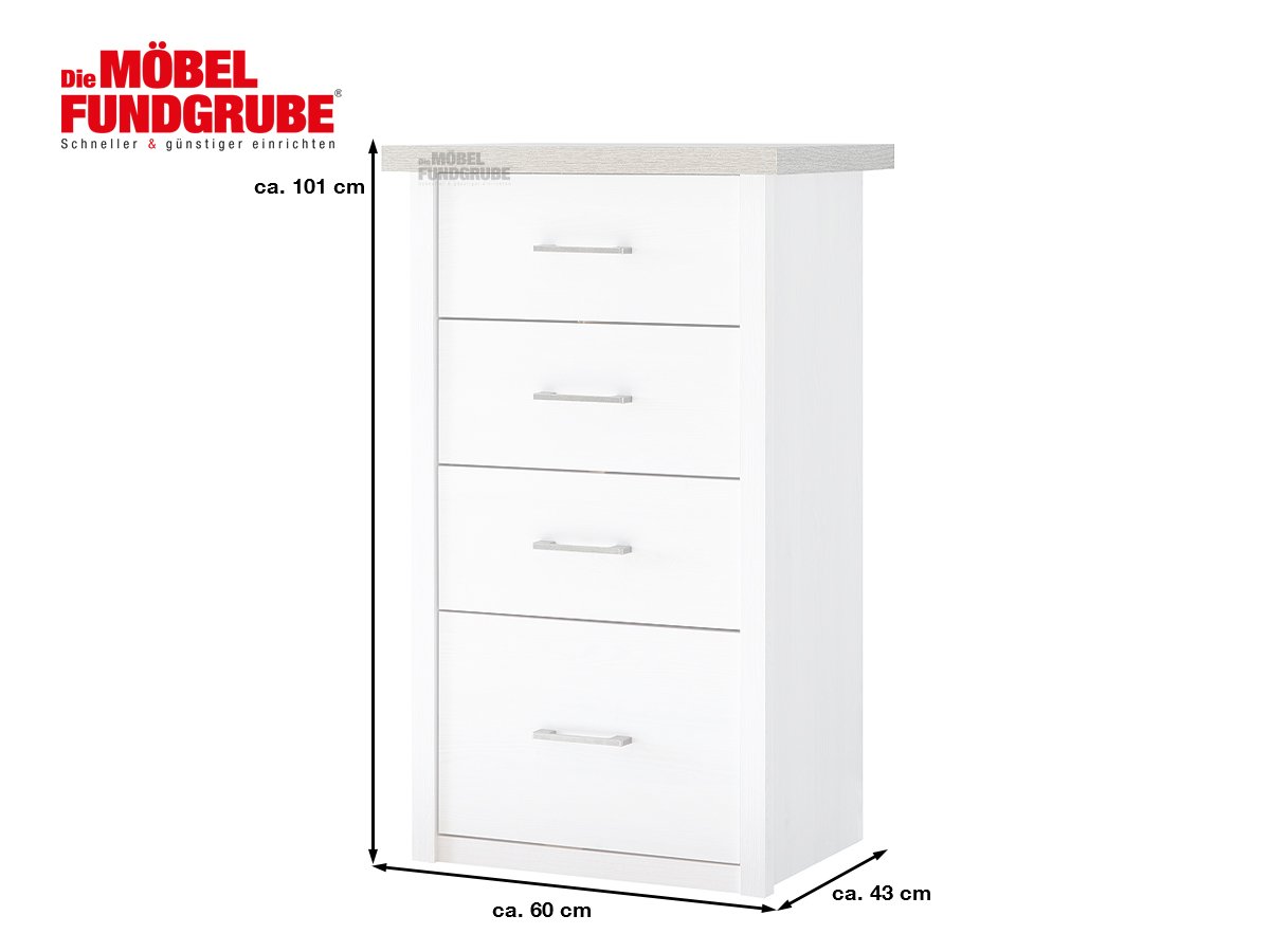 Kommode mit 4 Schubladen Pinie weiß - Trüffel 60 cm - LUCA