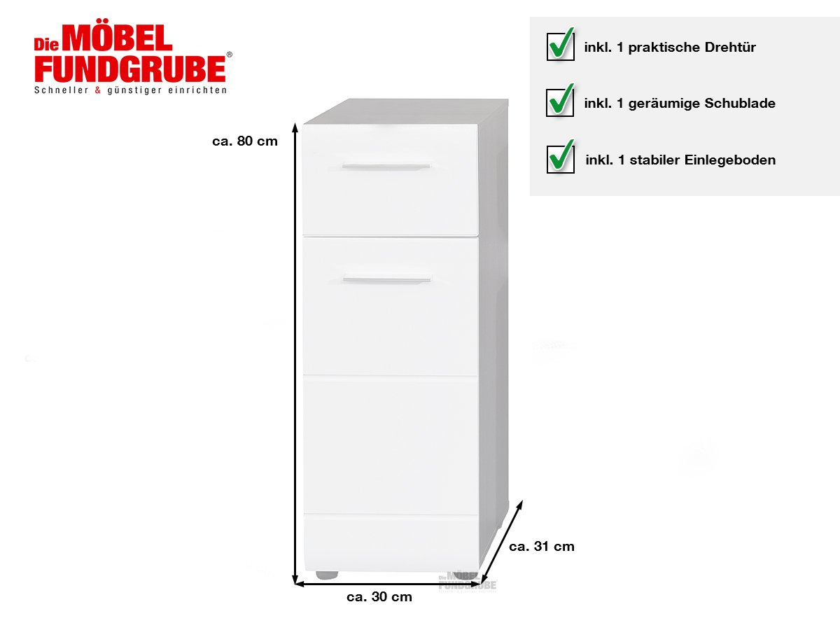 Bad Unterschrank Rauchsilber - weiß 30 cm 1-türig - LINE