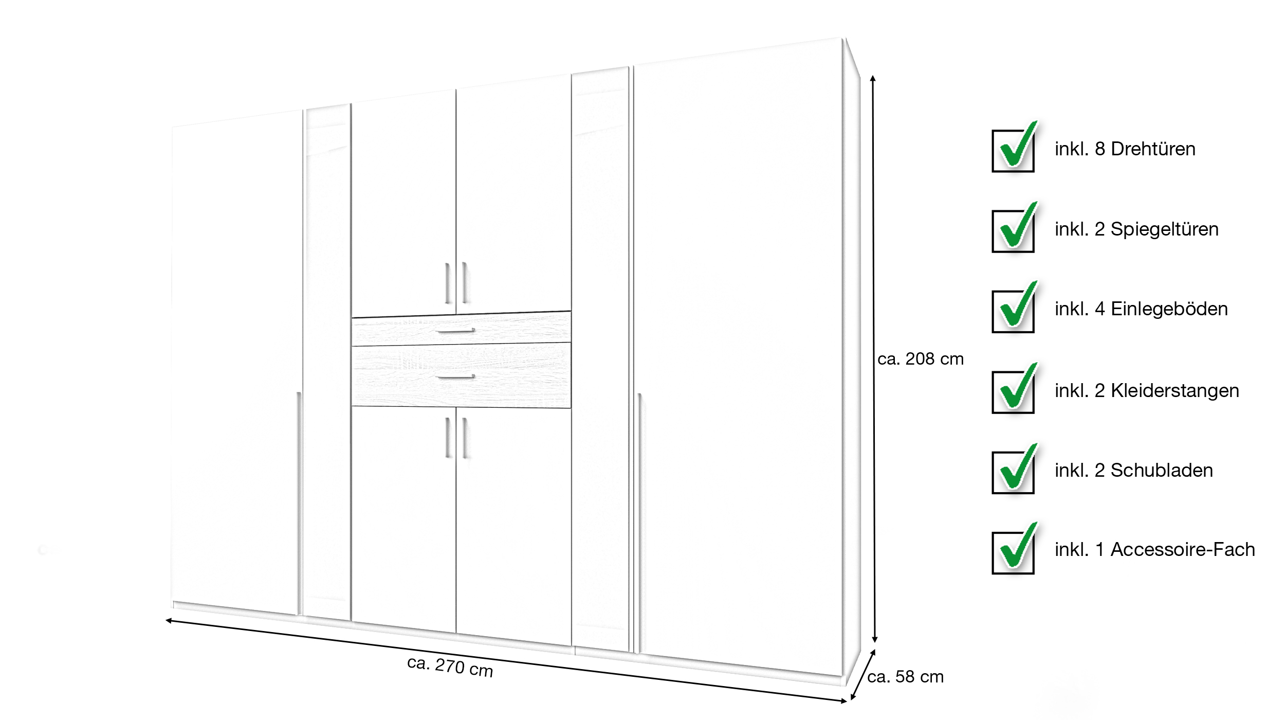 Kleiderschrank - Spiegel 270 cm weiß - Eiche 8-türig - CHEEP