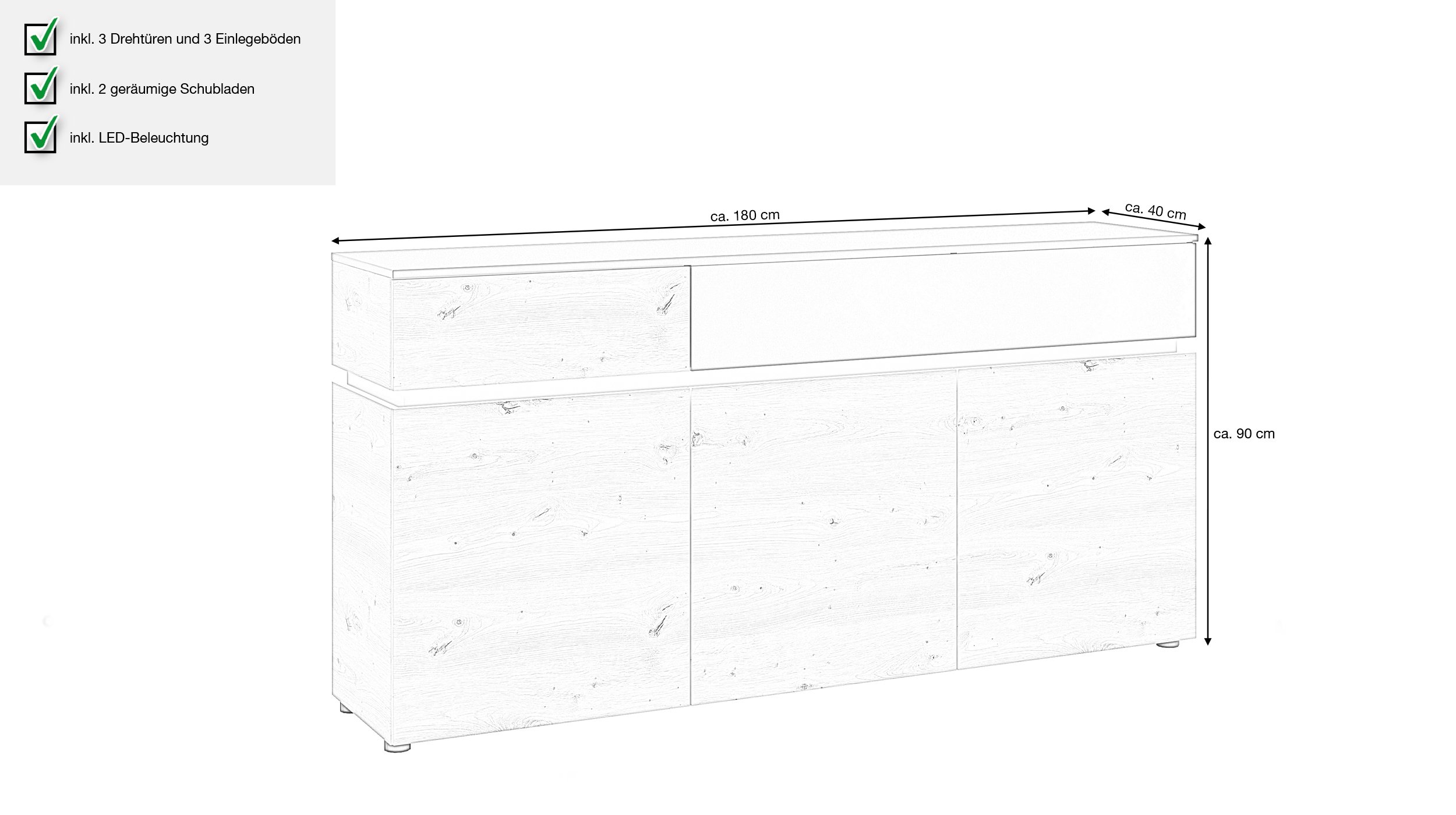 Sideboard Artisan Eiche - grau 180 cm mit Beleuchtung - LUCI