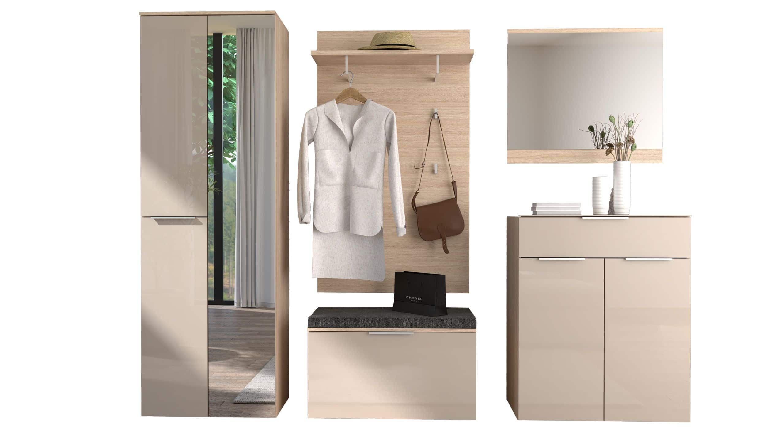 Garderoben-Set beige Glasfront Eiche 255 x 196 cm - SANTORIN Garderoben-Set beige Glasfront Eiche 255 x 196 cm - SANTORIN