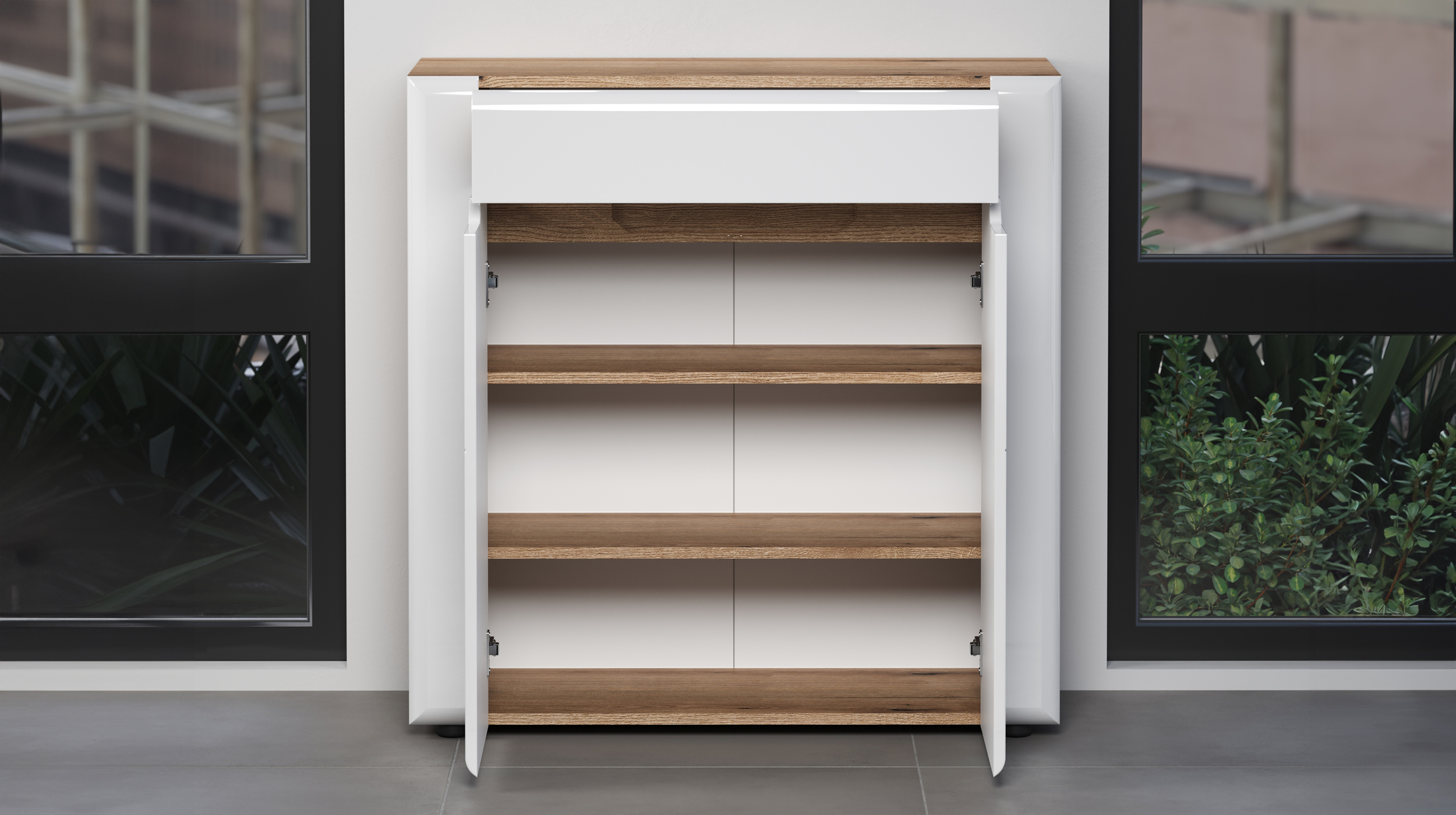 Schuhschrank weiß hochglanz - Eiche 91 cm - JARON 