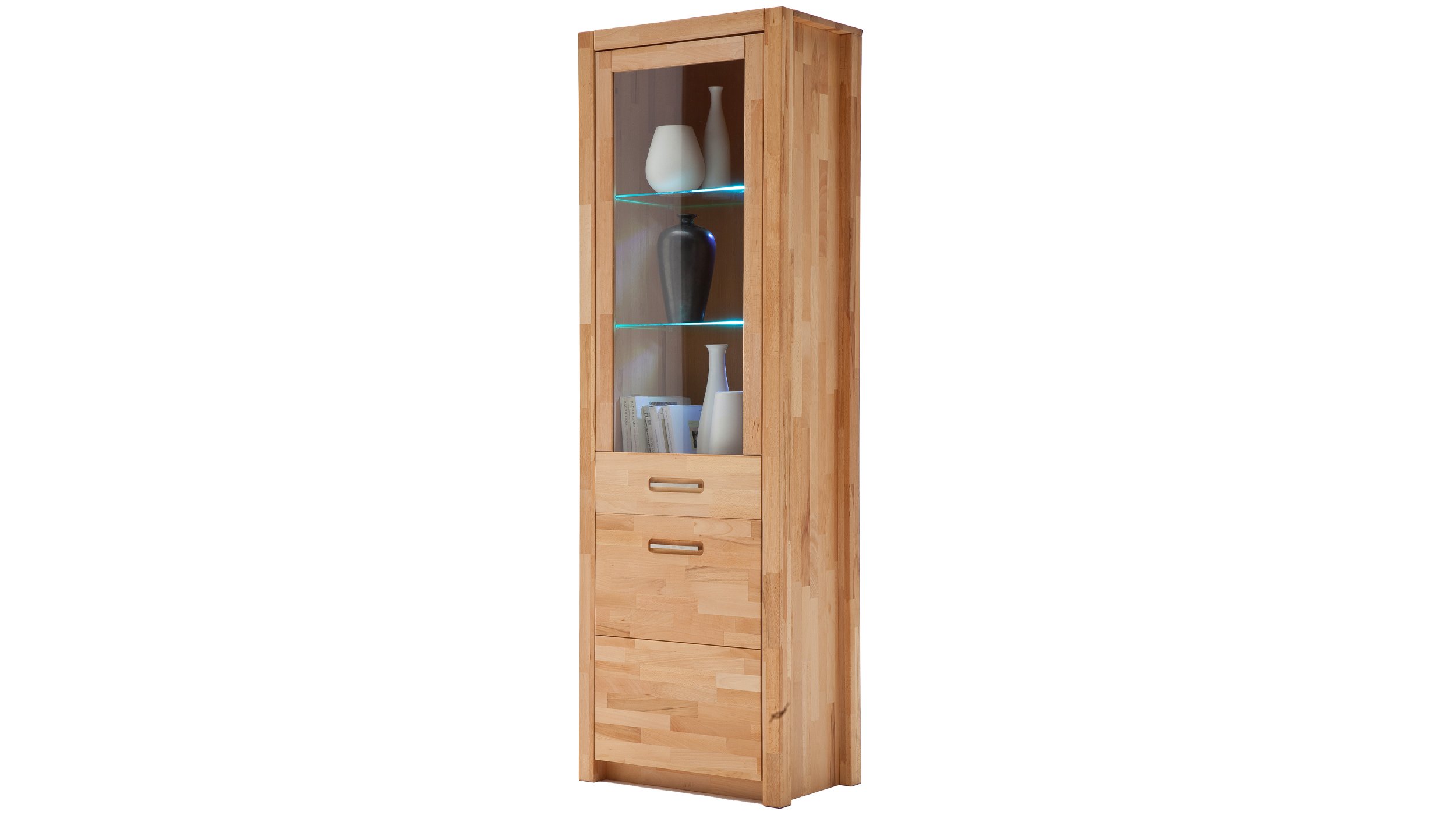 Vitrine mit Beleuchtung Kernbuche massiv geölt Breite 66 cm - FENJA Vitrine mit Beleuchtung Kernbuche massiv 203 cm - FENJA