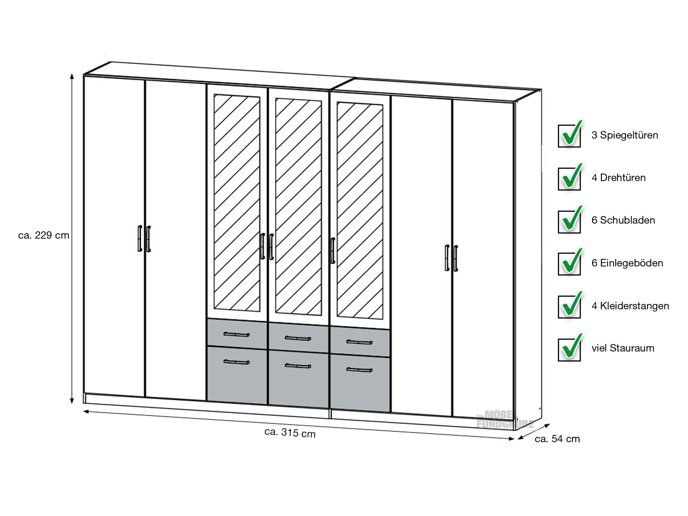 Kleiderschrank mit Spiegel 315 cm weiß 7-türig - BINGEN