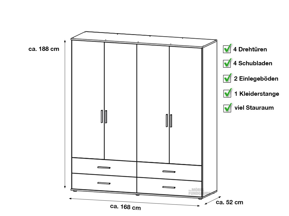 Kleiderschrank weiß 168 cm 4-türig - RASANT