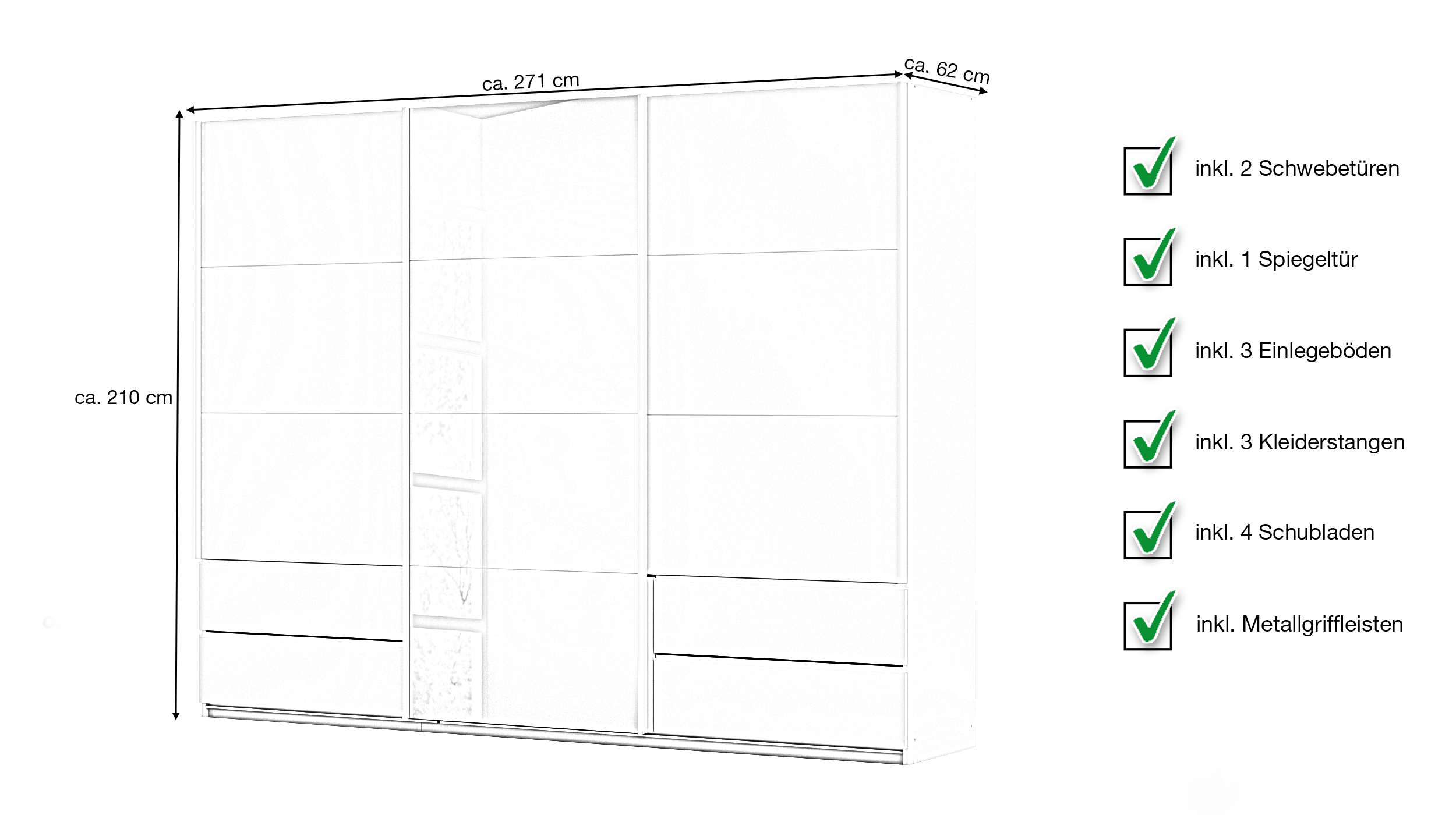 Schwebetürenschrank grau mit Spiegel 271 cm 3-türig - ELARA